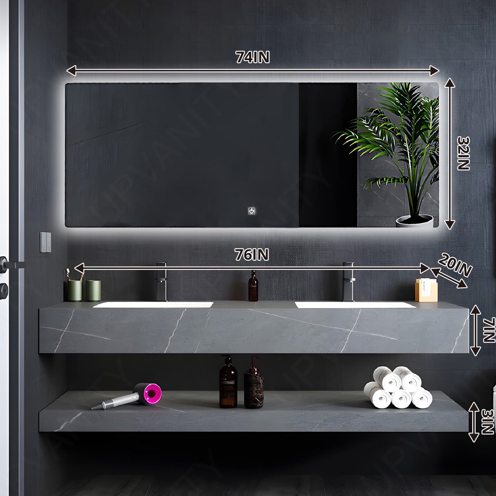 Modern Bath Vanity Set, Gray, Open Storage, 52"- 78", Double, Floating, Smart LED Mirror