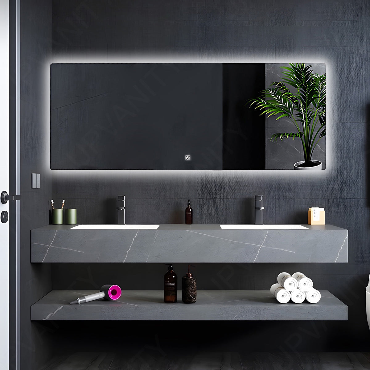 Modern Bath Vanity Set, Gray, Open Storage, 52"- 78", Double, Floating, Smart LED Mirror