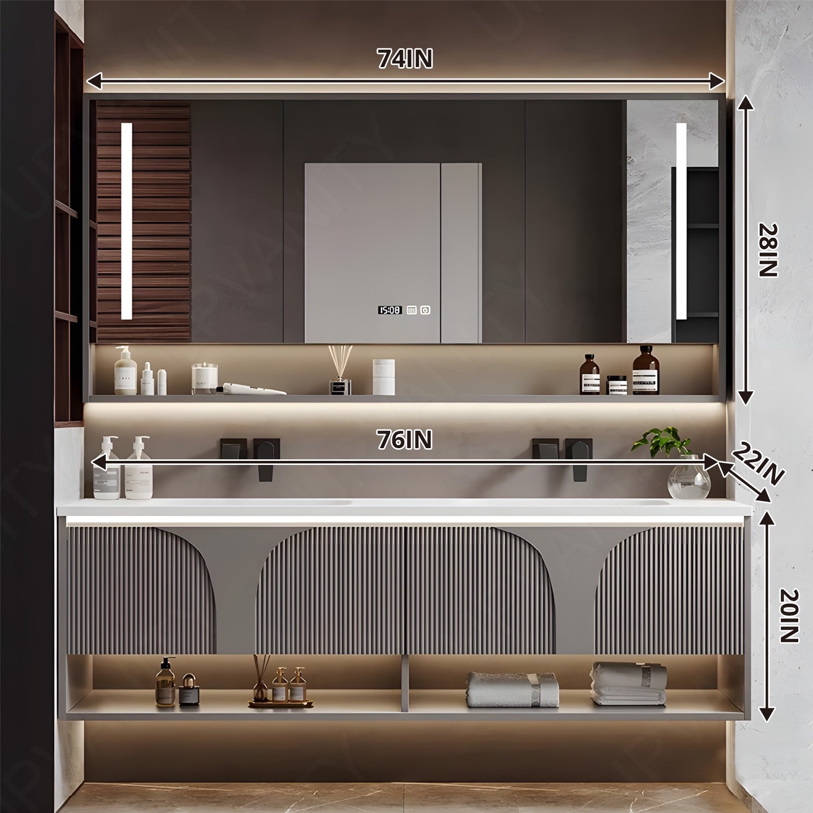 Modern Bath Vanity Set, Gray, Open Storage, 52"- 78", Double, Floating, Striped Panel, Smart LED Mirror, Rear Cabinet