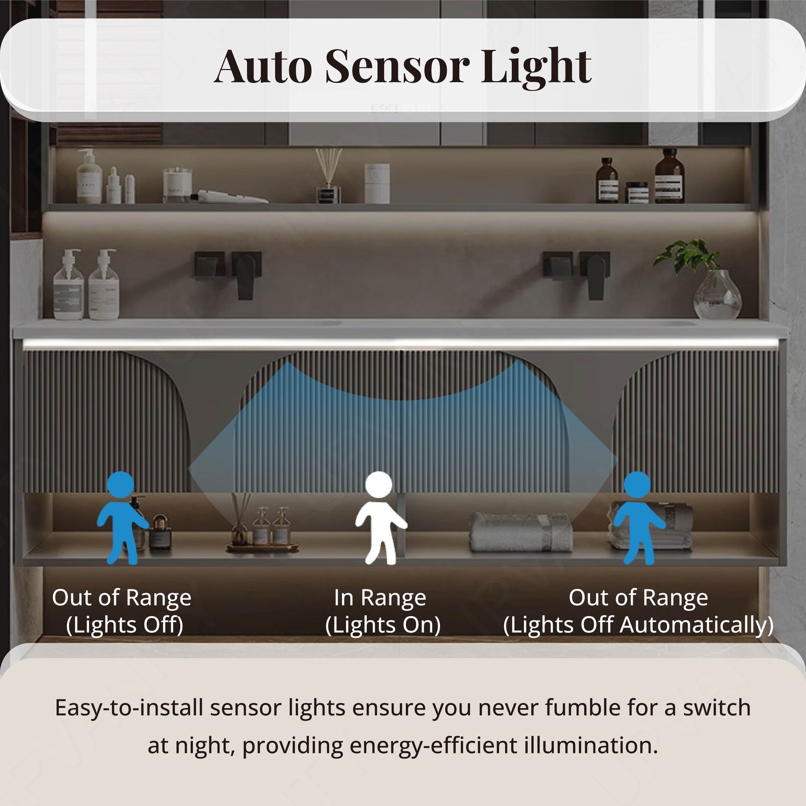 Modern Bath Vanity Set, Gray, Open Storage, 52"- 78", Double, Floating, Striped Panel, Smart LED Mirror, Rear Cabinet