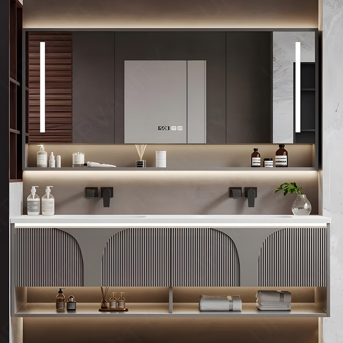 Modern Bath Vanity Set, Gray, Open Storage, 52"- 78", Double, Floating, Striped Panel, Smart LED Mirror, Rear Cabinet