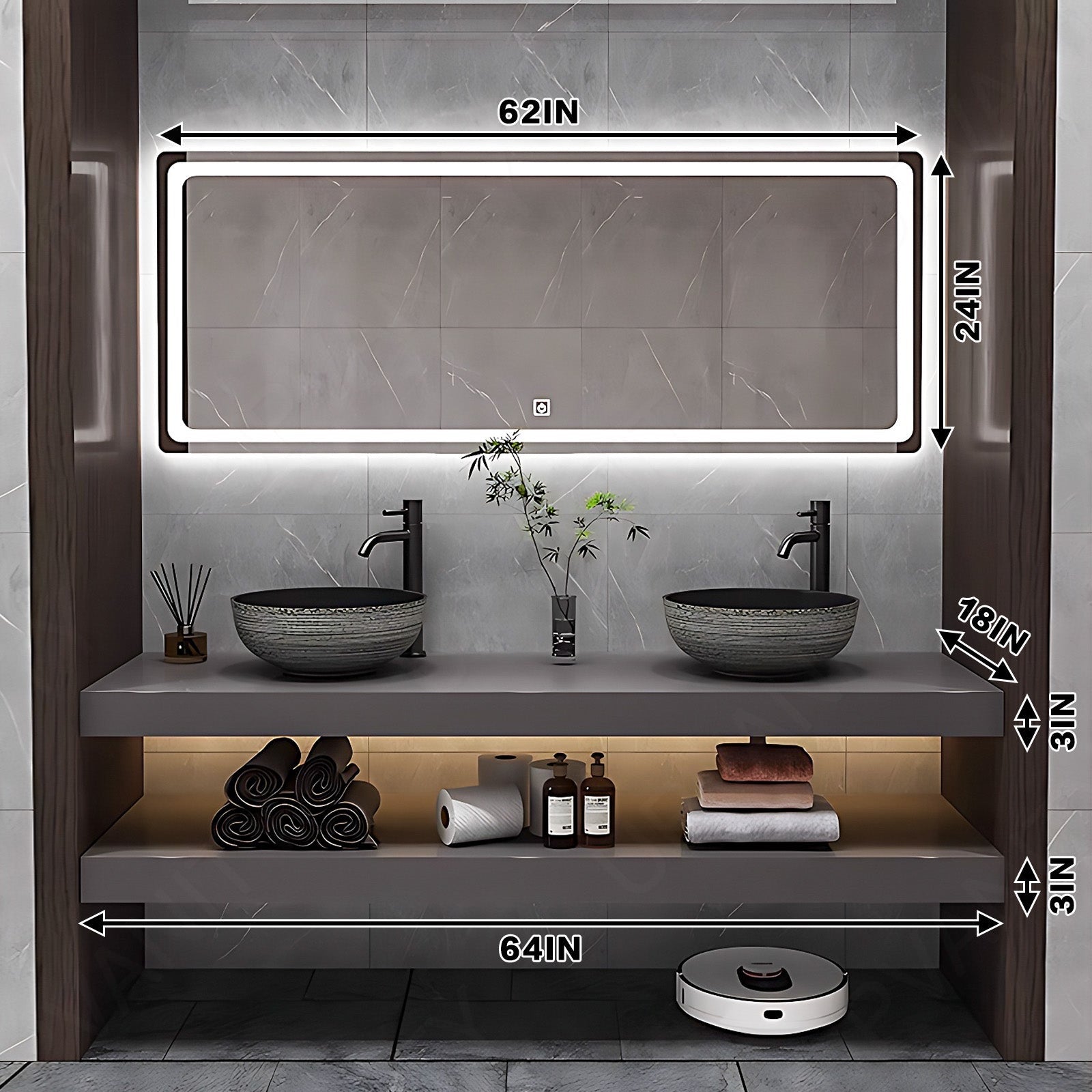 Modern Bath Vanity Set, Gray, Open Storage, 52"- 78", Double Vessel Sink, Floating, Smart LED Mirror