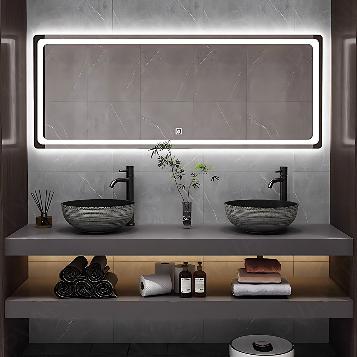 Modern Bath Vanity Set, Gray, Open Storage, 52"- 78", Double Vessel Sink, Floating, Smart LED Mirror