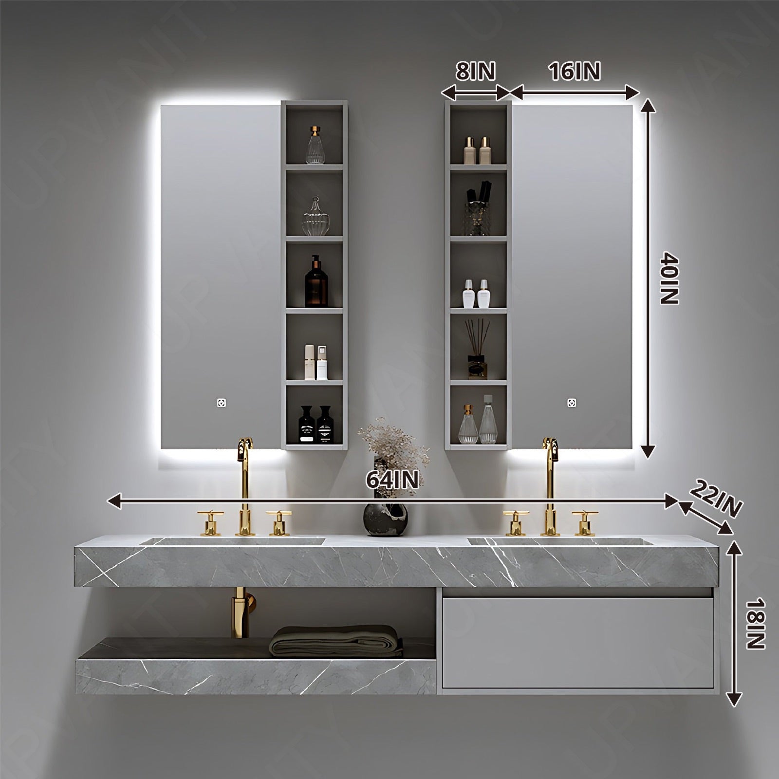 Modern Bath Vanity Set, Gray, Open Storage, 56"-78", Double, Floating, Dual Smart LED mirror, Side Cabinet