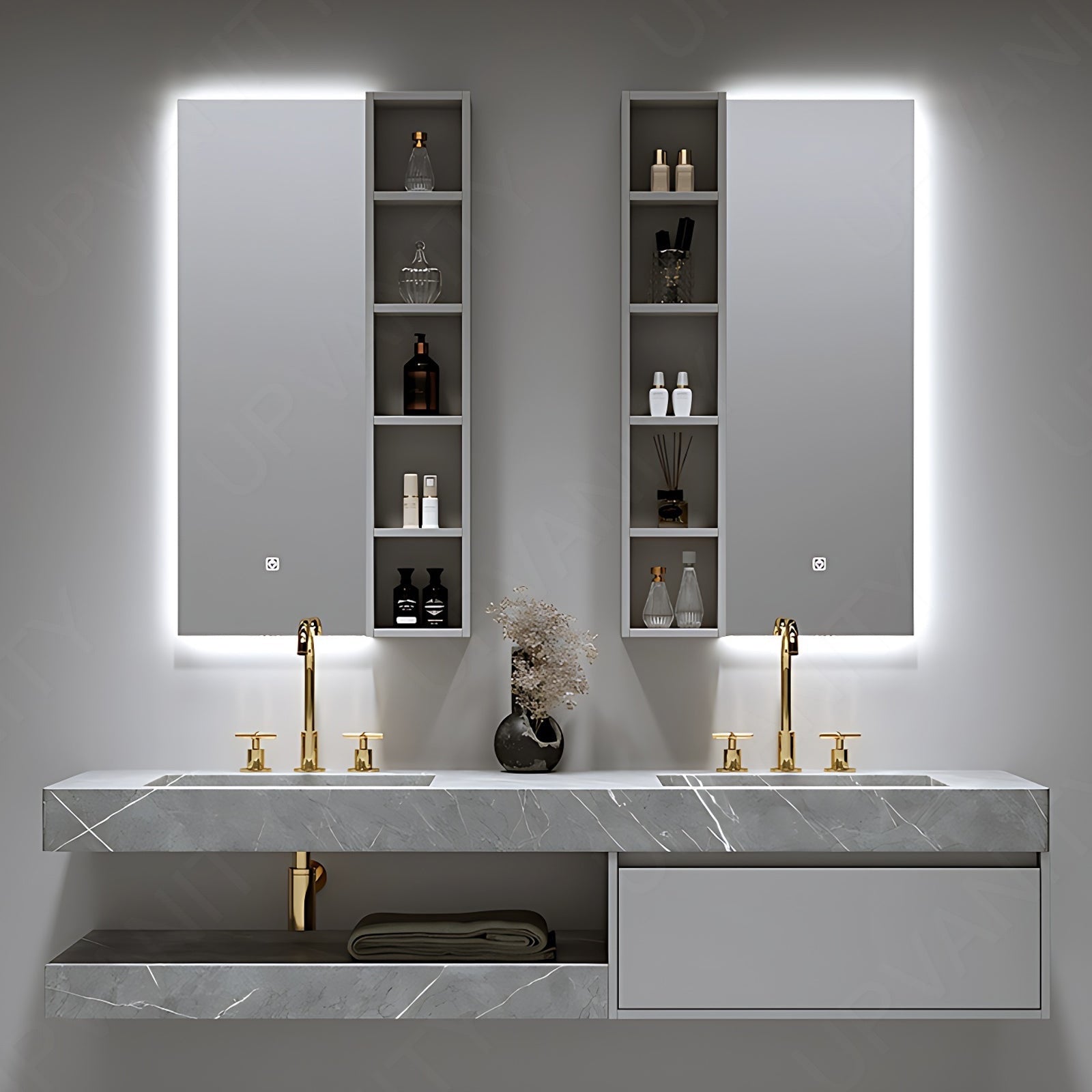Modern Bath Vanity Set, Gray, Open Storage, 56"-78", Double, Floating, Dual Smart LED mirror, Side Cabinet