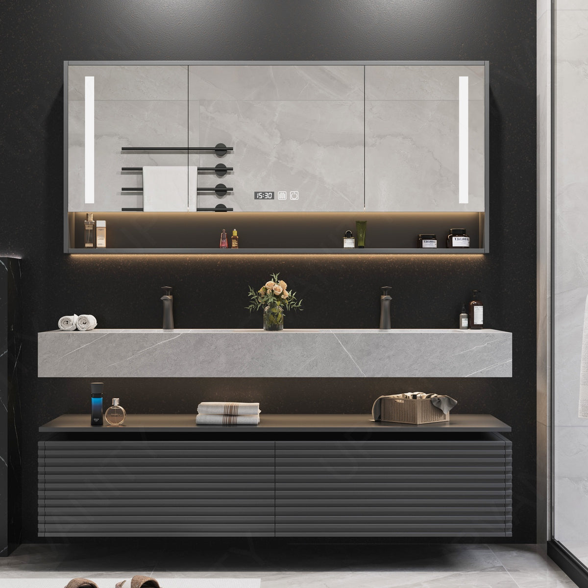 Modern Bath Vanity Set, Gray, Open Storage, Striped Panel, 52"- 78", Double, Floating, Smart LED Mirror, Rear Cabinet