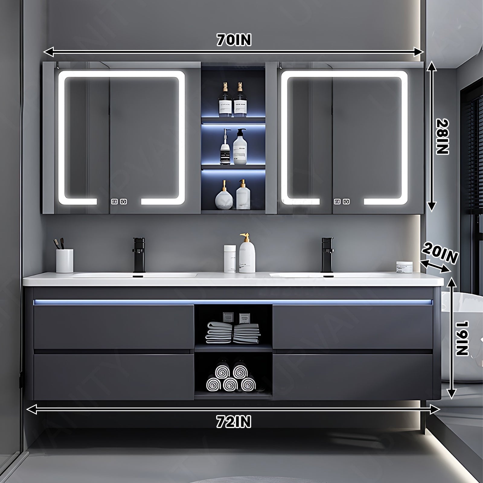 Modern Bath Vanity Set, Gray, Rounded Edge, 36"- 78", Double/Single, Floating, Sensor Light, Smart LED Mirror, Rear/Side Cabinet