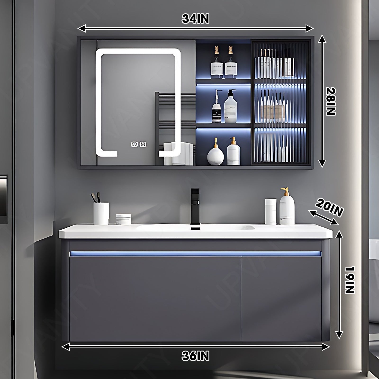 Modern Bath Vanity Set, Gray, Rounded Edge, 36"- 78", Double/Single, Floating, Sensor Light, Smart LED Mirror, Rear/Side Cabinet