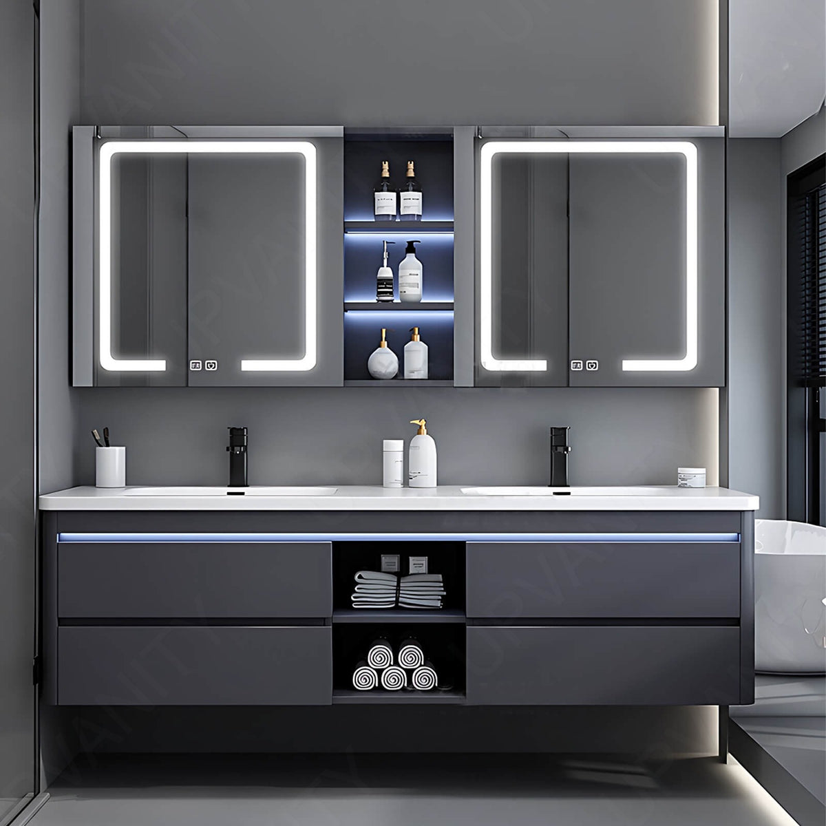 Modern Bath Vanity Set, Gray, Rounded Edge, 36"- 78", Double/Single, Floating, Sensor Light, Smart LED Mirror, Rear/Side Cabinet