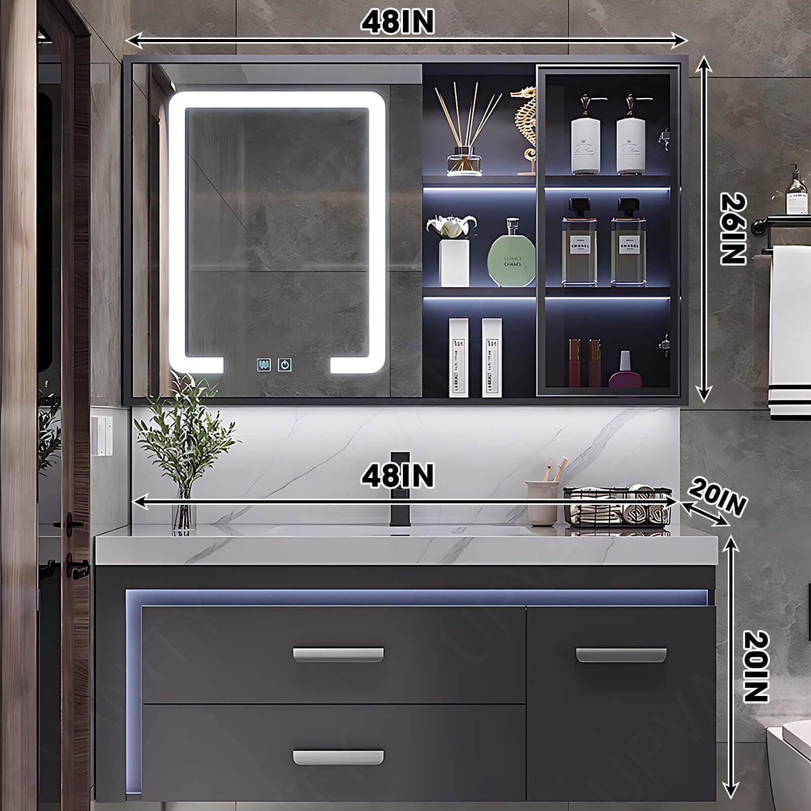 Modern Bath Vanity Set, Gray, Sensor Light, 36"- 48", Single, Floating, Smart LED Mirror, Rear and Side Cabinets