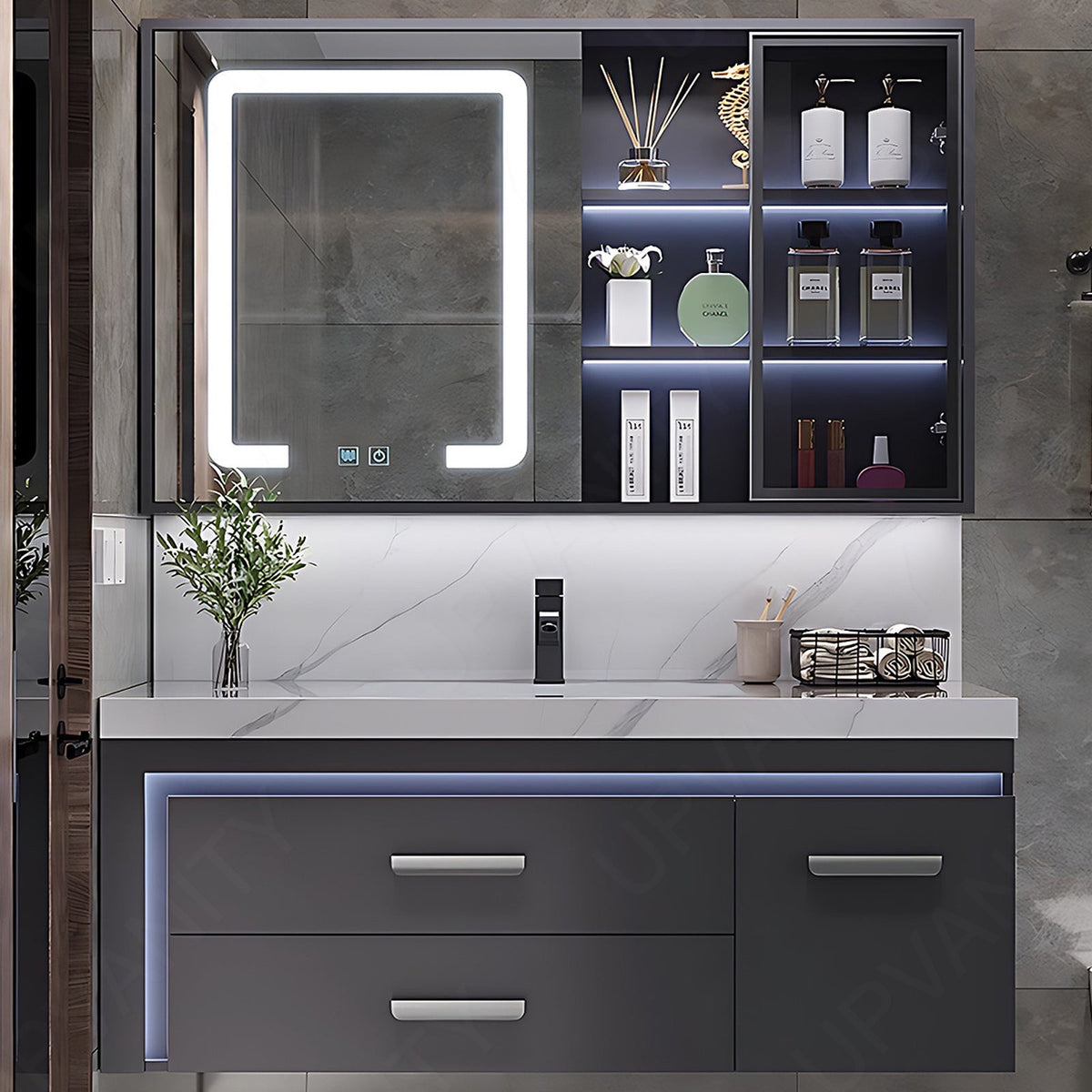 Modern Bath Vanity Set, Gray, Sensor Light, 36"- 48", Single, Floating, Smart LED Mirror, Rear and Side Cabinets