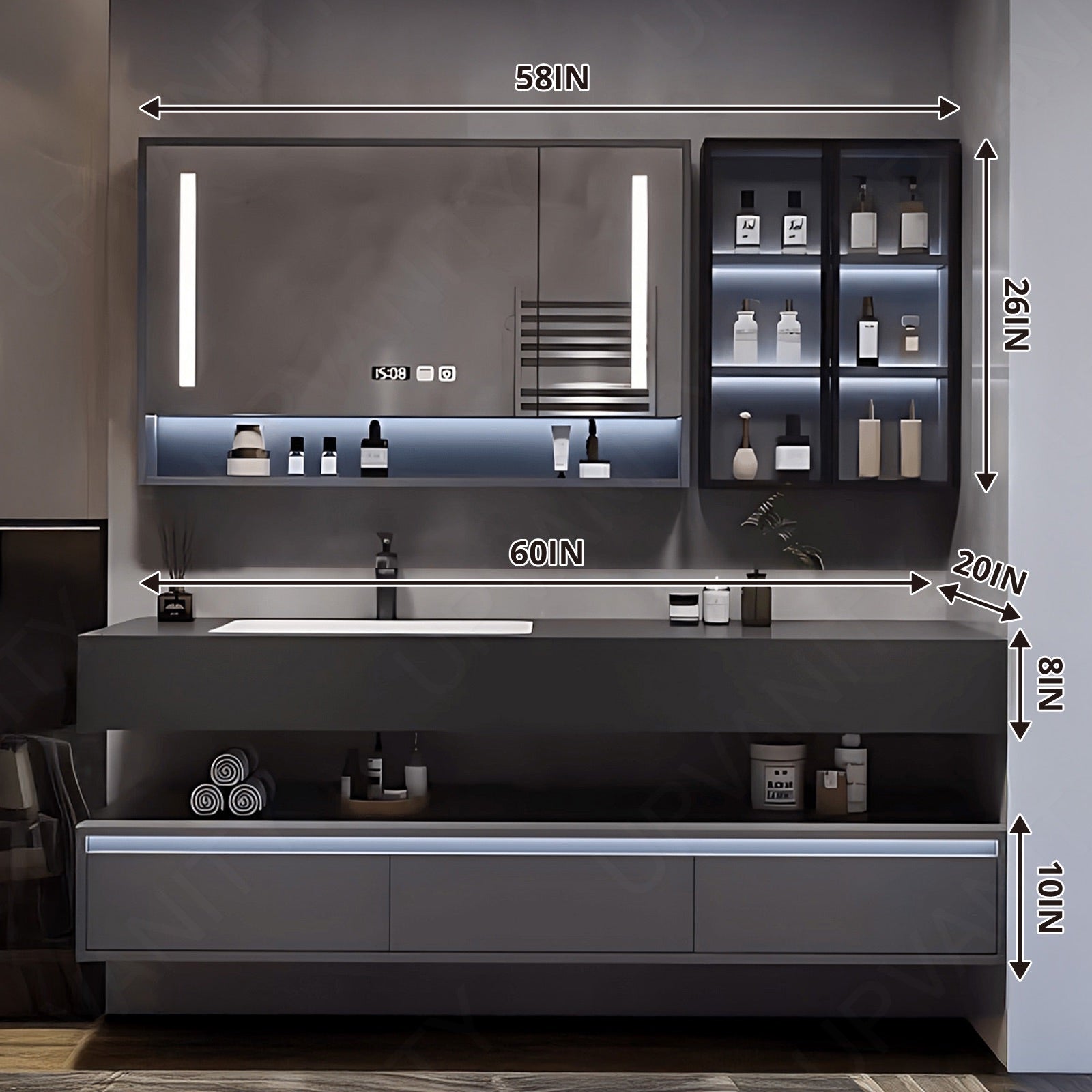 Modern Bath Vanity Set, Gray, Split Black Top, 32"- 78", Single, Floating, Smart LED Mirror, Rear and Side Cabinets