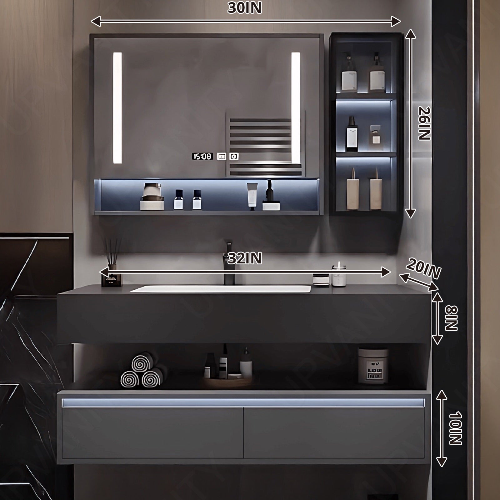 Modern Bath Vanity Set, Gray, Split Black Top, 32"- 78", Single, Floating, Smart LED Mirror, Rear and Side Cabinets