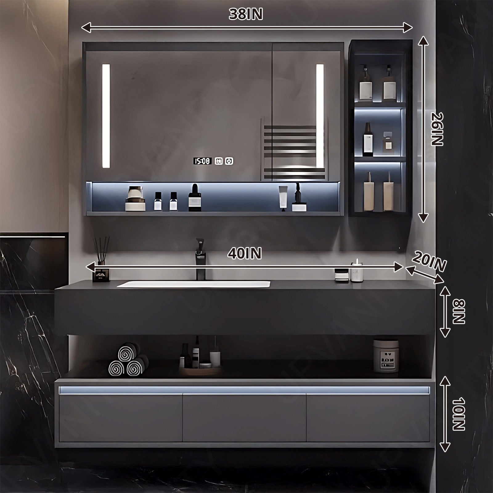 Modern Bath Vanity Set, Gray, Split Black Top, 32"- 78", Single, Floating, Smart LED Mirror, Rear and Side Cabinets