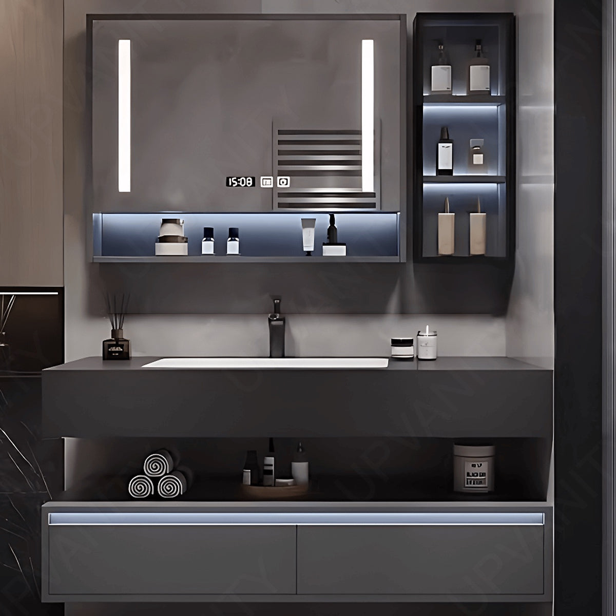 Modern Bath Vanity Set, Gray, Split Black Top, 32"- 78", Single, Floating, Smart LED Mirror, Rear and Side Cabinets