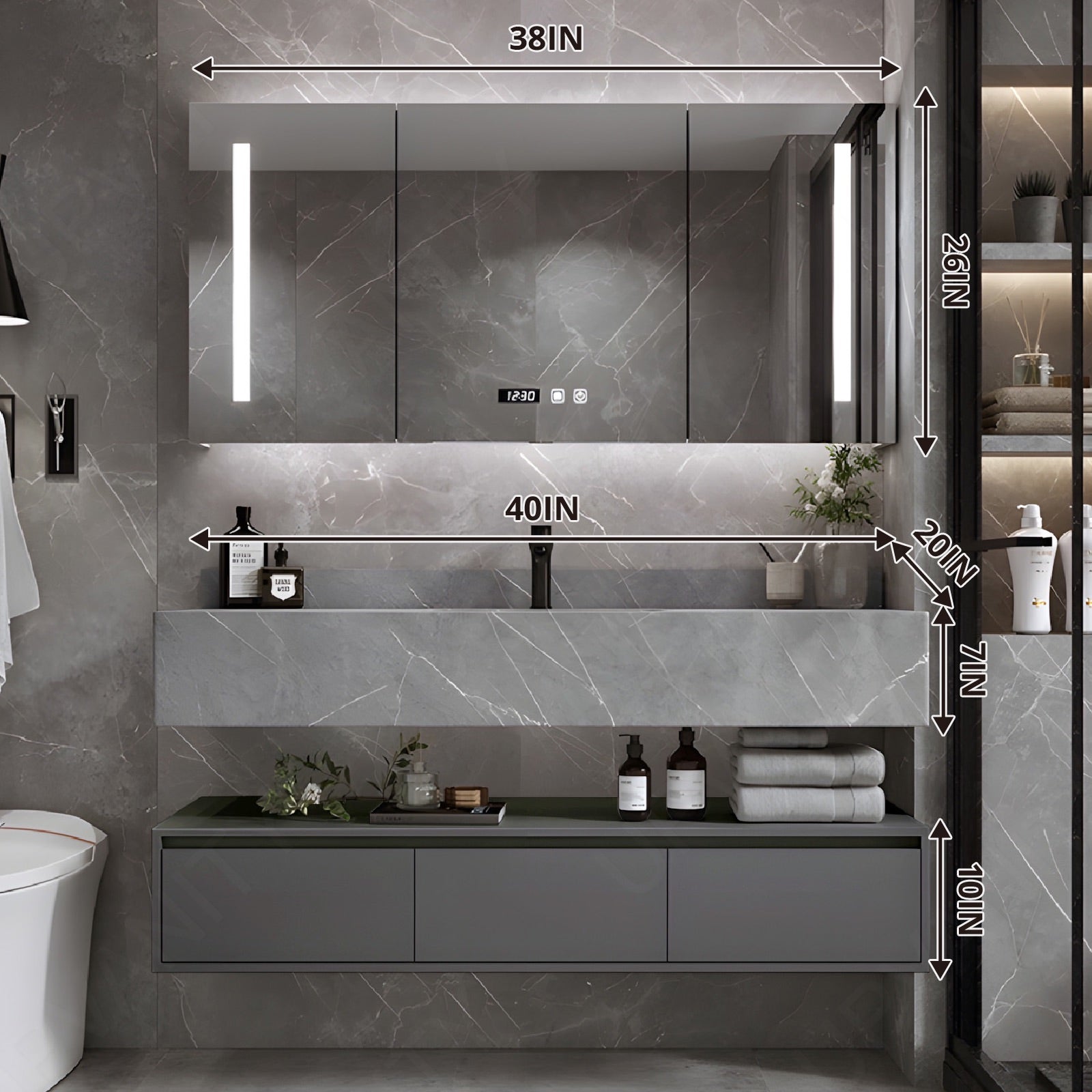 Modern Bath Vanity Set, Gray, Split Gray Top, 28"- 48", Single, Floating, Smart LED Mirror, Rear Cabinet