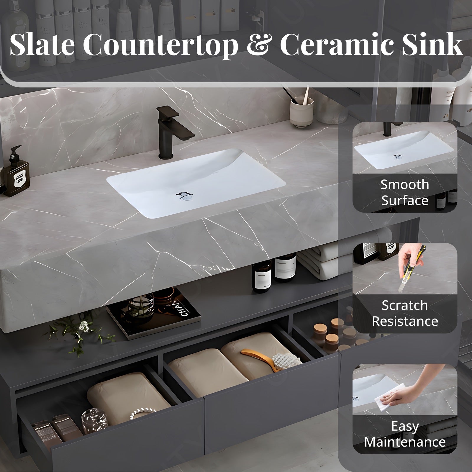 Split Vanity Modern Bath Vanity Set, Black, Split Black Top, 56