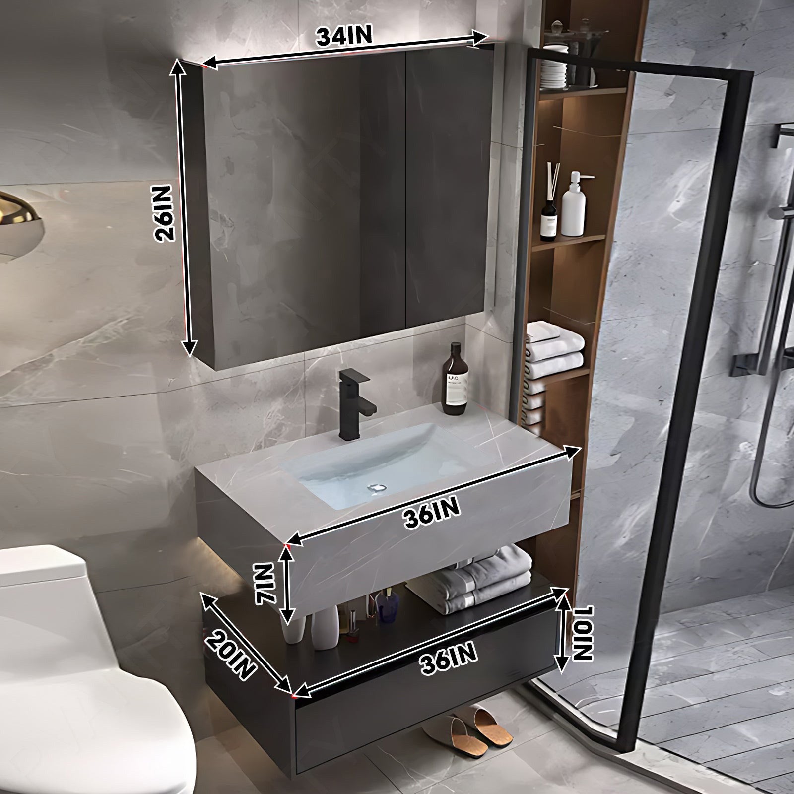 Modern Bath Vanity Set, Gray, Split Gray Top, 28"- 48", Single, Floating, Smart LED Mirror, Rear Cabinet