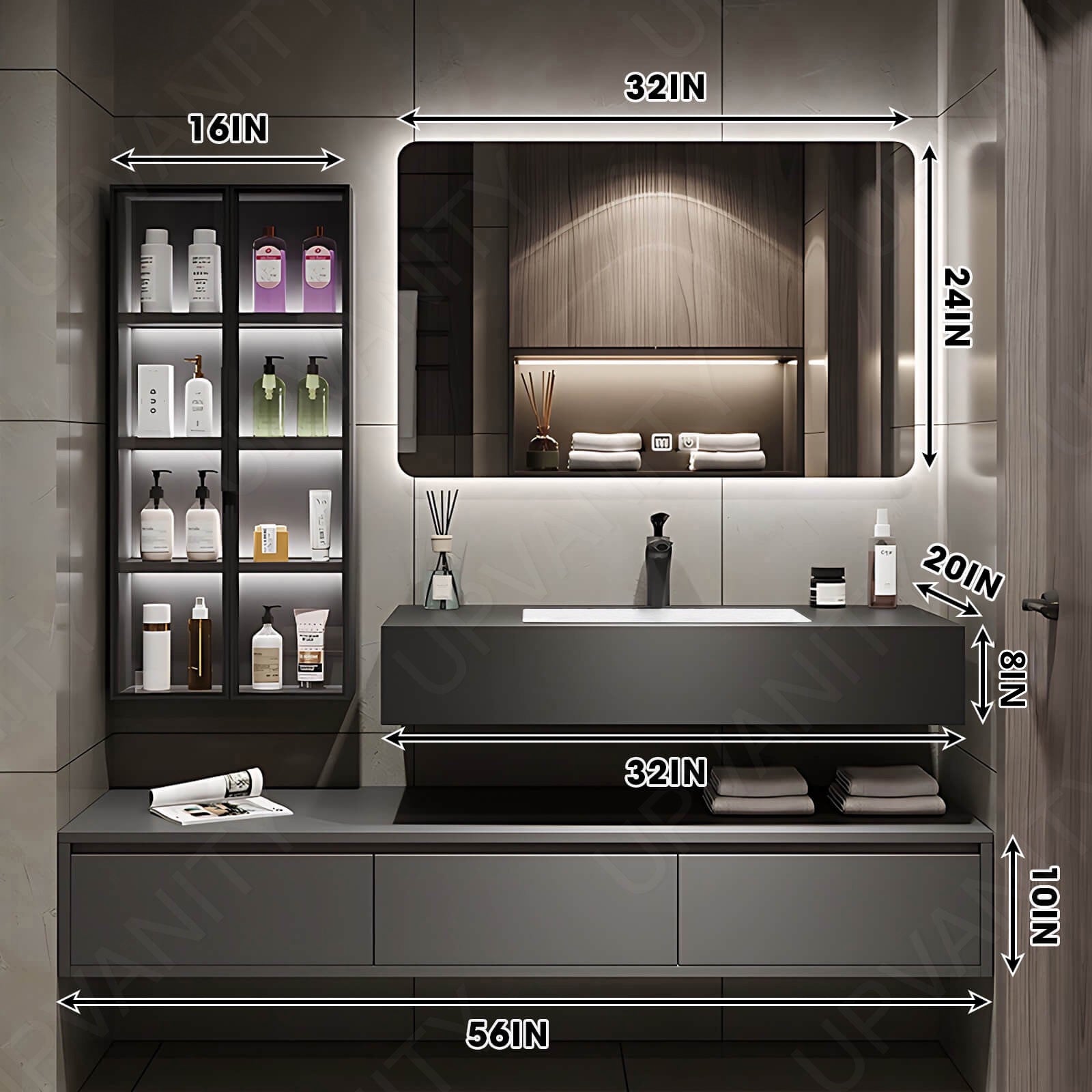 Modern Bath Vanity Set, Gray, Split Gray Top, 36"- 56", Single, Floating, Smart LED Mirror, Side Cabinet