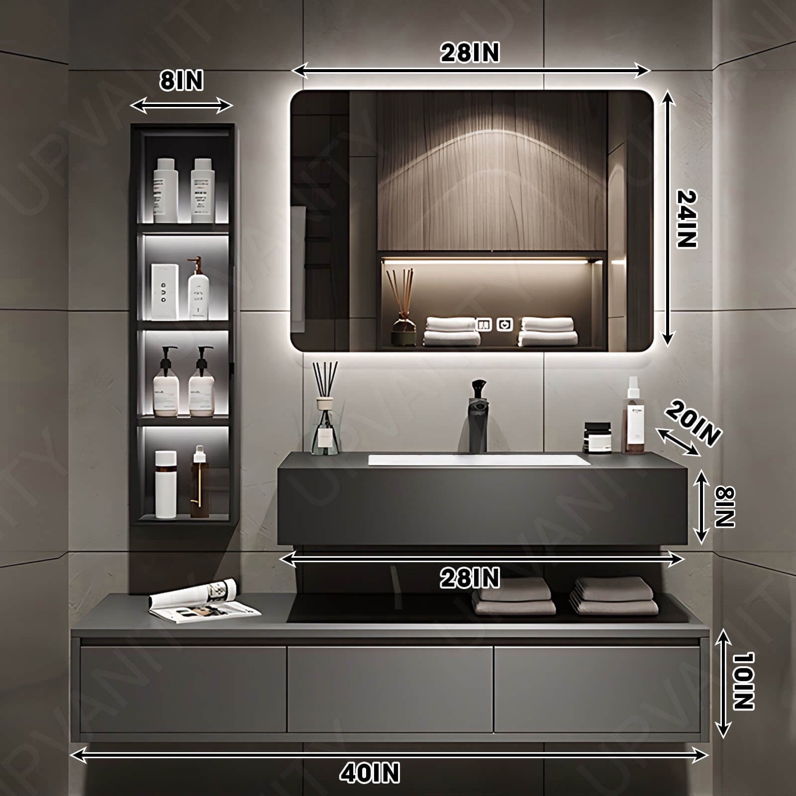 Modern Bath Vanity Set, Gray, Split Gray Top, 36"- 56", Single, Floating, Smart LED Mirror, Side Cabinet