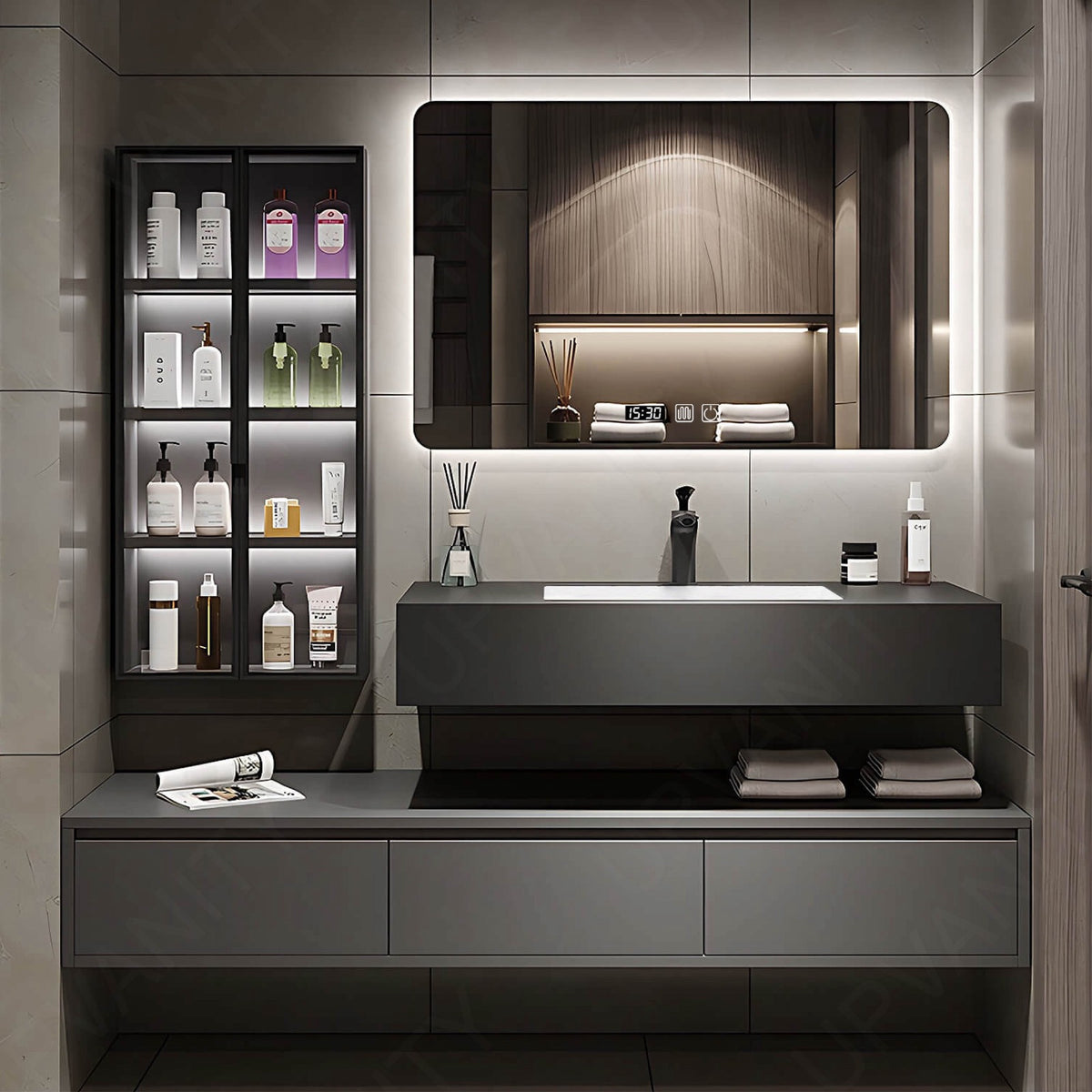 Modern Bath Vanity Set, Gray, Split Gray Top, 36"- 56", Single, Floating, Smart LED Mirror, Side Cabinet