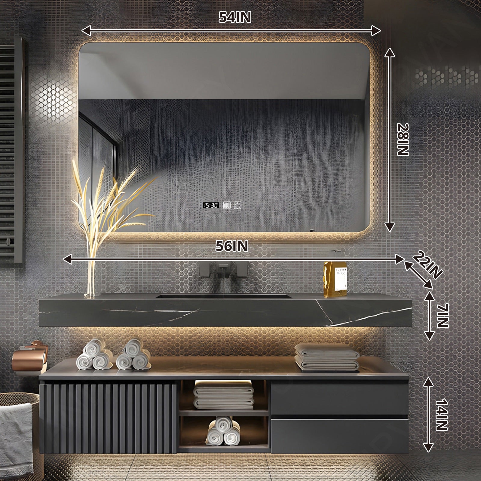 Modern Bath Vanity Set, Gray, Split Gray Top, 40"- 64", Single, Floating, Striped Panel, Smart LED Mirror