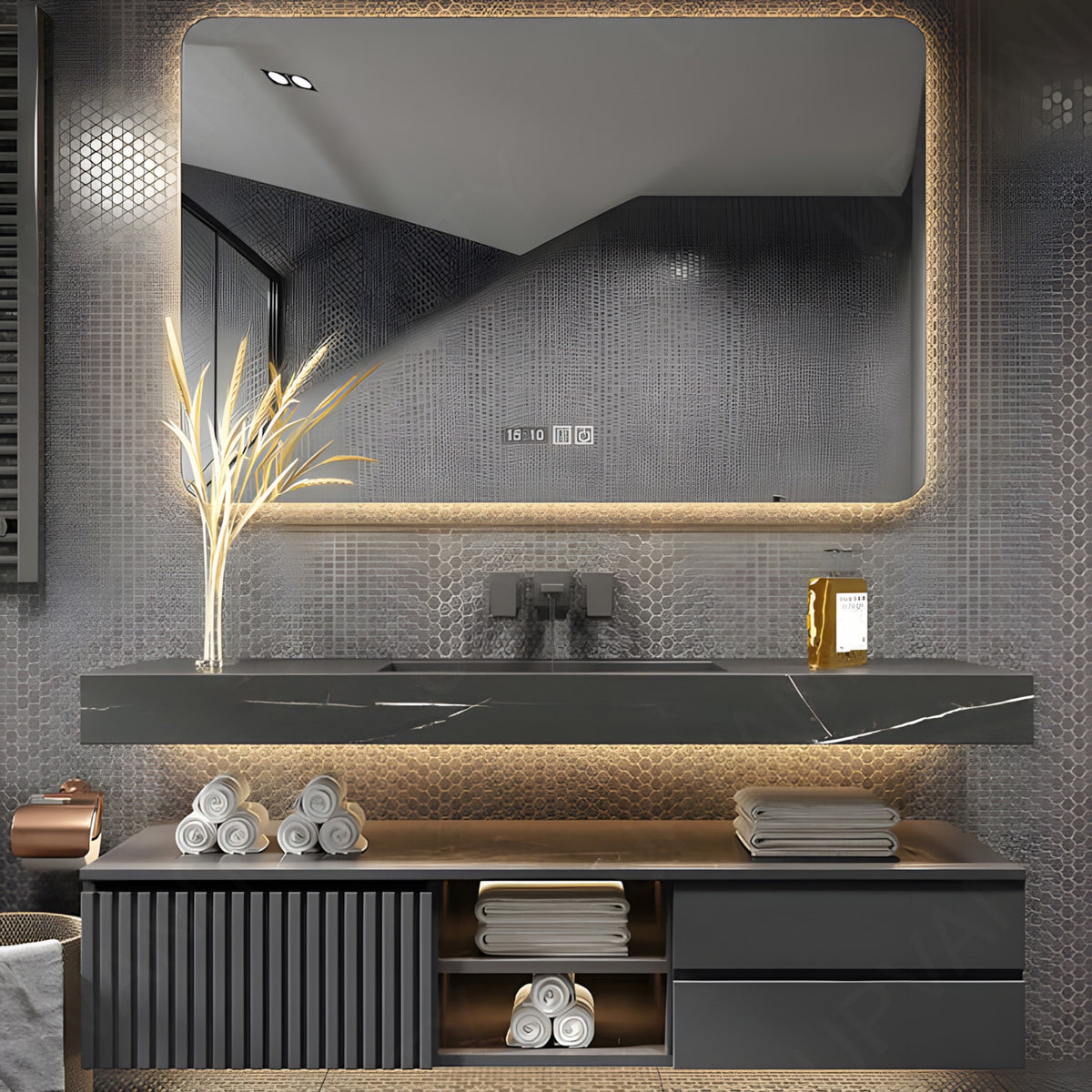 Modern Bath Vanity Set, Gray, Split Gray Top, 40"- 64", Single, Floating, Striped Panel, Smart LED Mirror