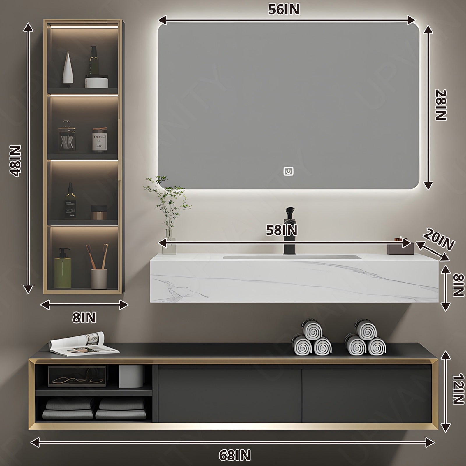 Modern Bath Vanity Set, Gray, Split Marble Textured Top, 32"-72", Single, Floating, Glass Door, Smart LED Mirror, Line Cabinet