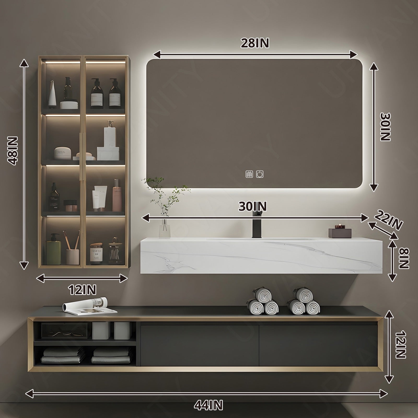 Modern Bath Vanity Set, Gray, Split Marble Textured Top, 40"-72", Single, Floating, Glass Door, Smart LED Mirror, Side Cabinet