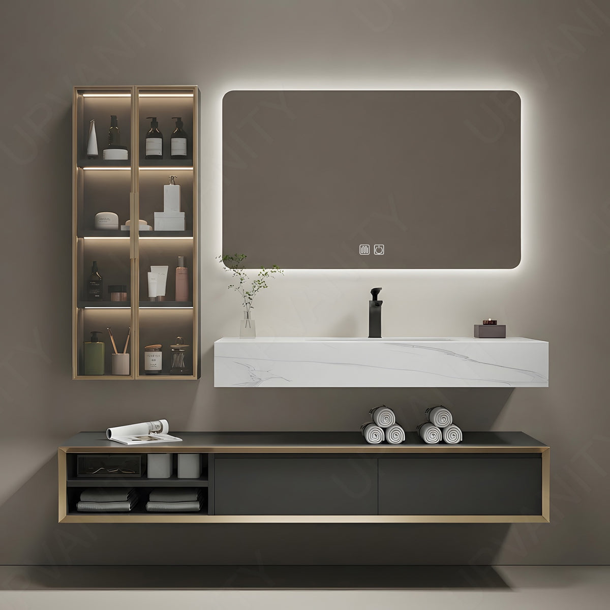 Modern Bath Vanity Set, Gray, Split Marble Textured Top, 40"-72", Single, Floating, Glass Door, Smart LED Mirror, Side Cabinet