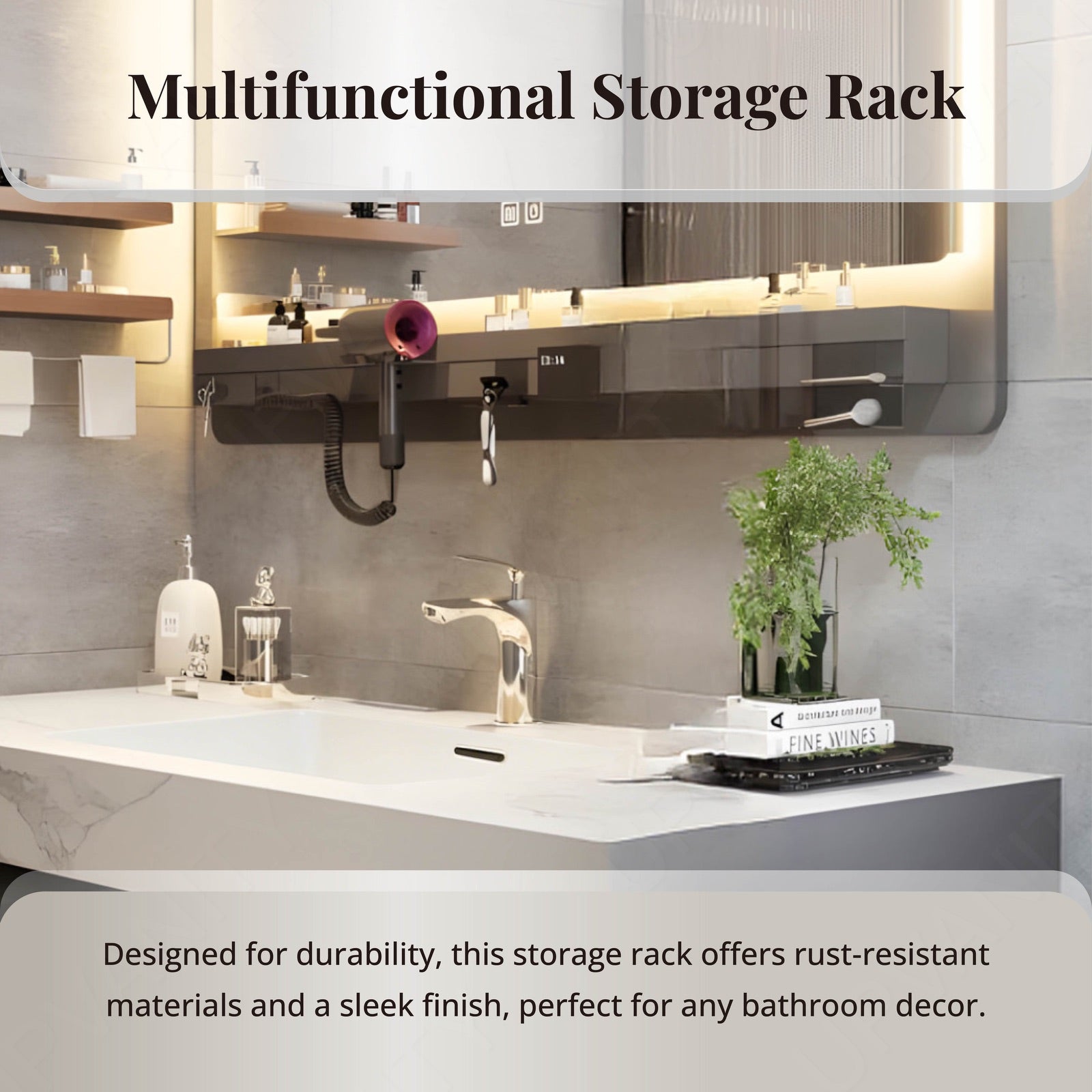 Modern Bath Vanity Set, Gray, Split Marble Textured Top, 52"-78", Single, Floating, Smart LED Mirror, Storage Rack