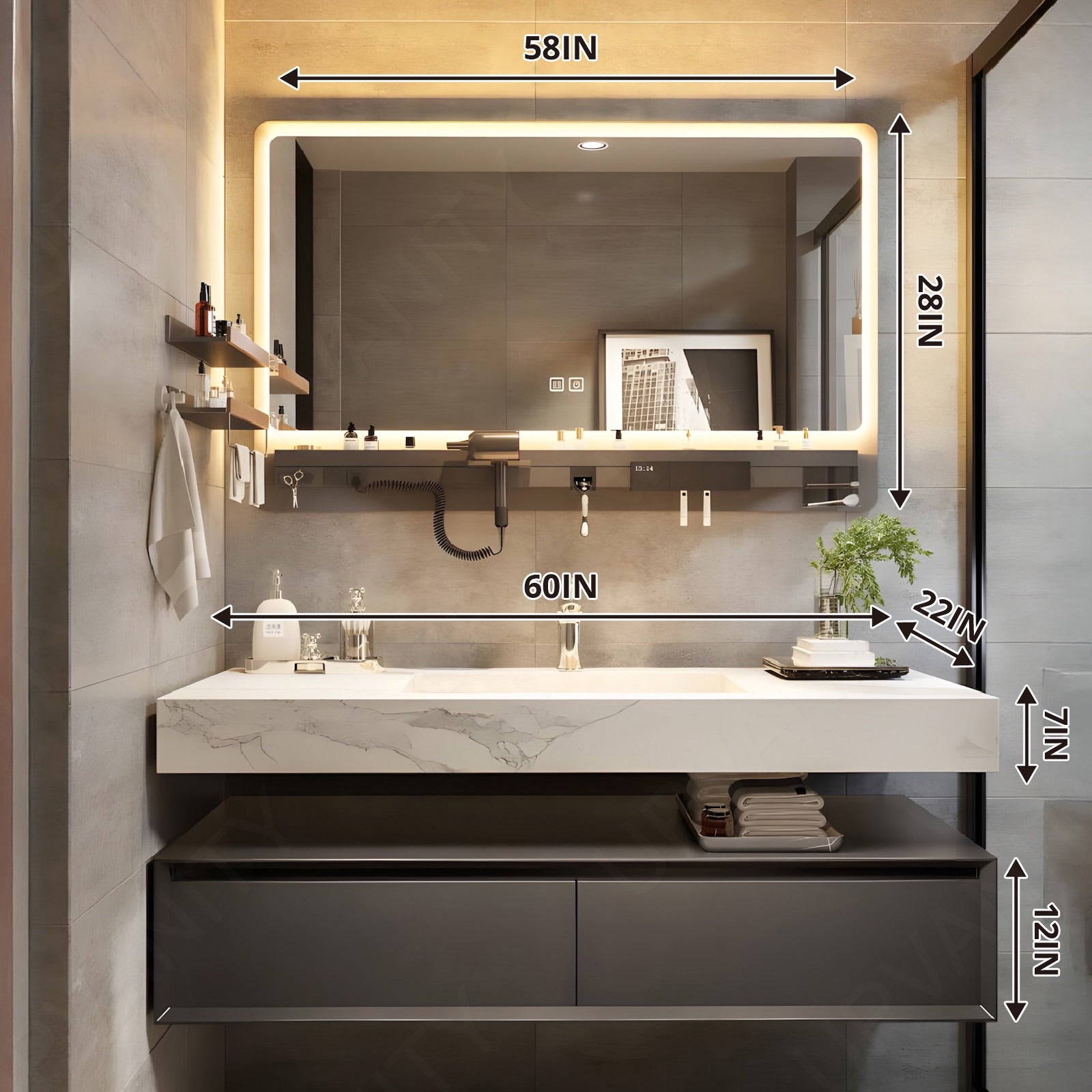 Modern Bath Vanity Set, Gray, Split Marble Textured Top, 52"-78", Single, Floating, Smart LED Mirror, Storage Rack