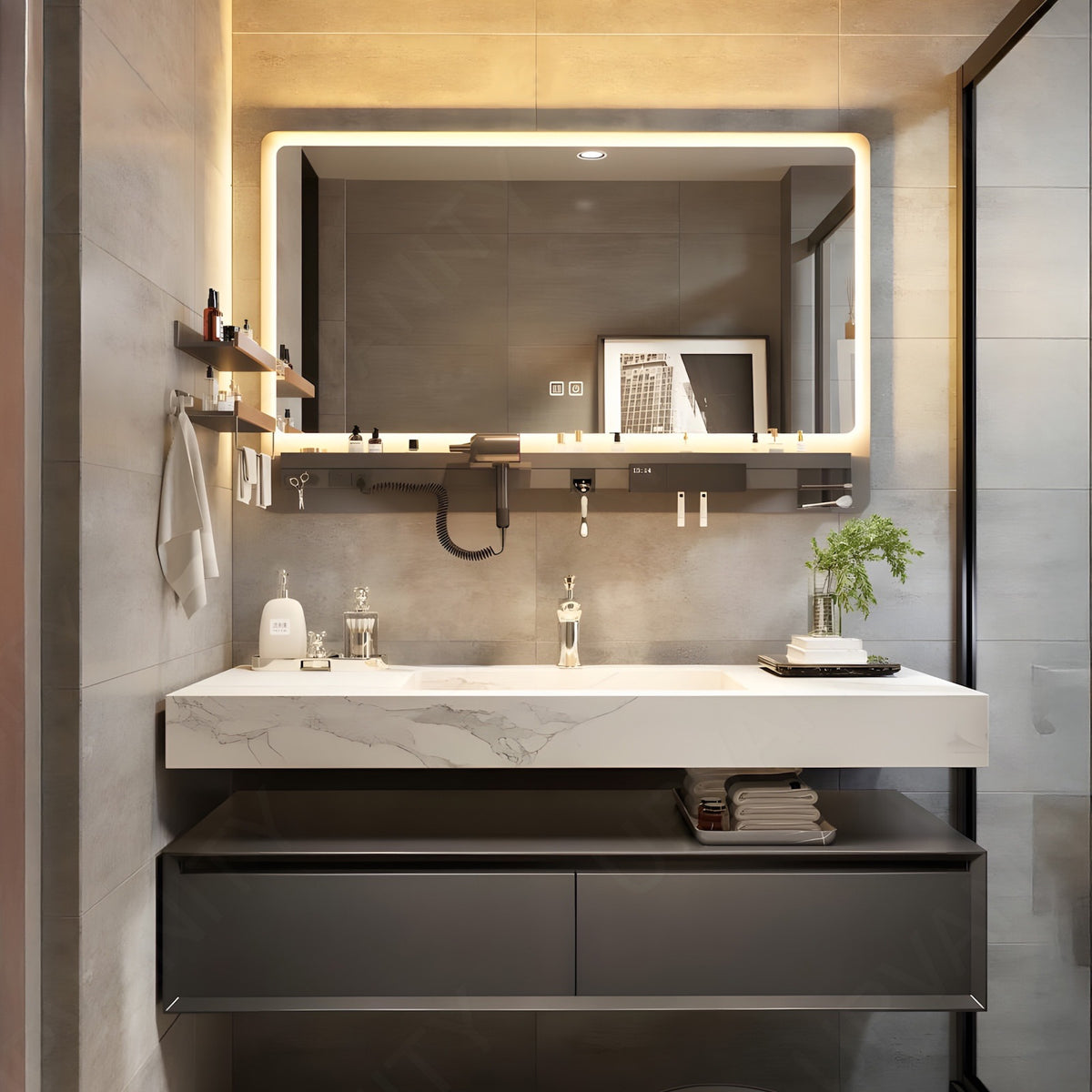 Modern Bath Vanity Set, Gray, Split Marble Textured Top, 52"-78", Single, Floating, Smart LED Mirror, Storage Rack