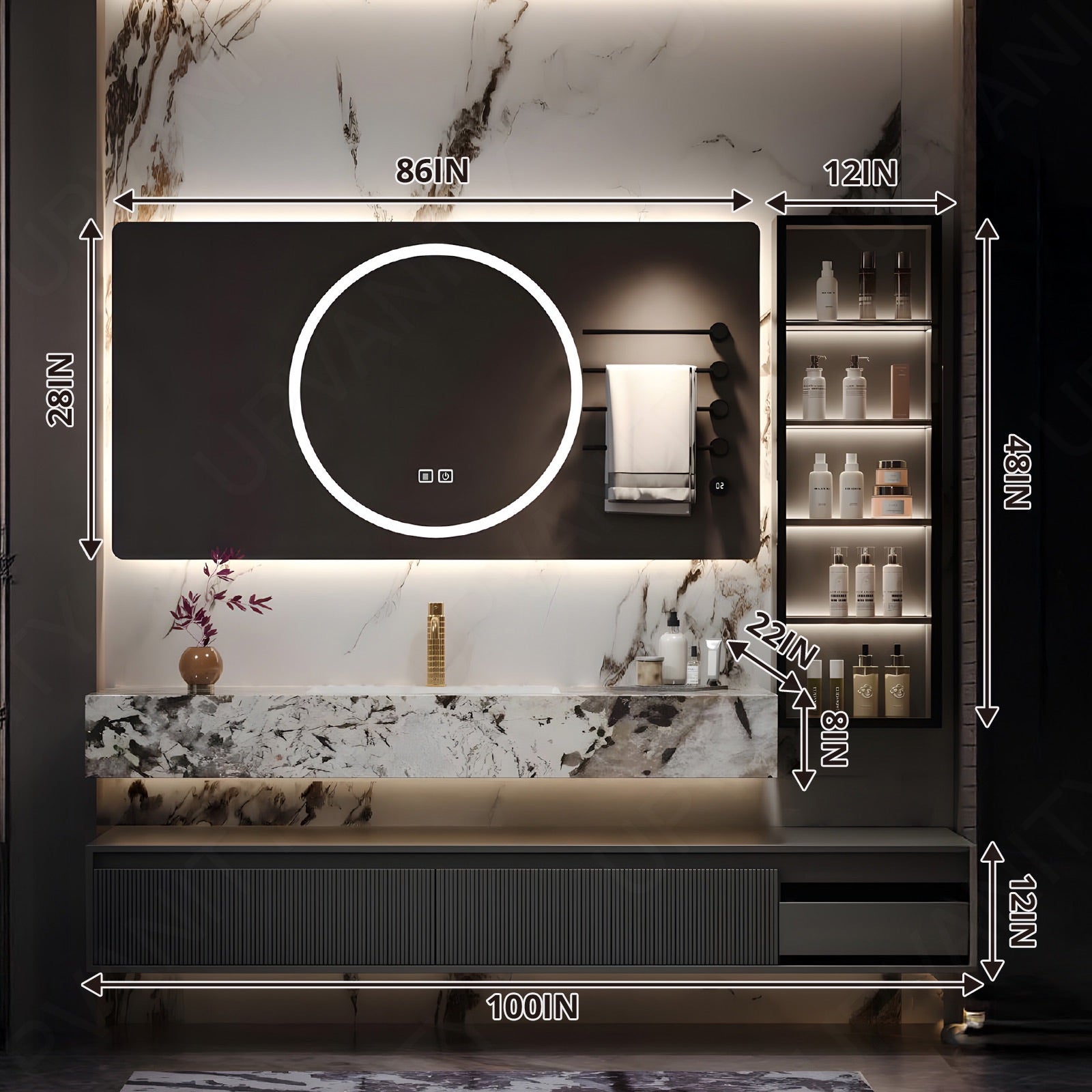 Modern Bath Vanity Set, Gray, Split Marble Textured Top, 76"-100", Single, Floating, Striped Panel, Smart LED Mirror, Line Cabinet