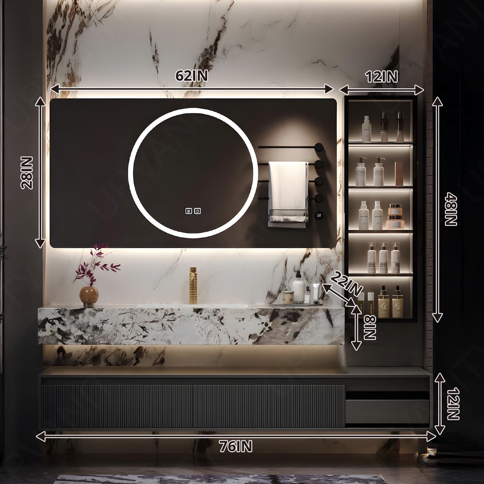 Modern Bath Vanity Set, Gray, Split Marble Textured Top, 76"-100", Single, Floating, Striped Panel, Smart LED Mirror, Line Cabinet