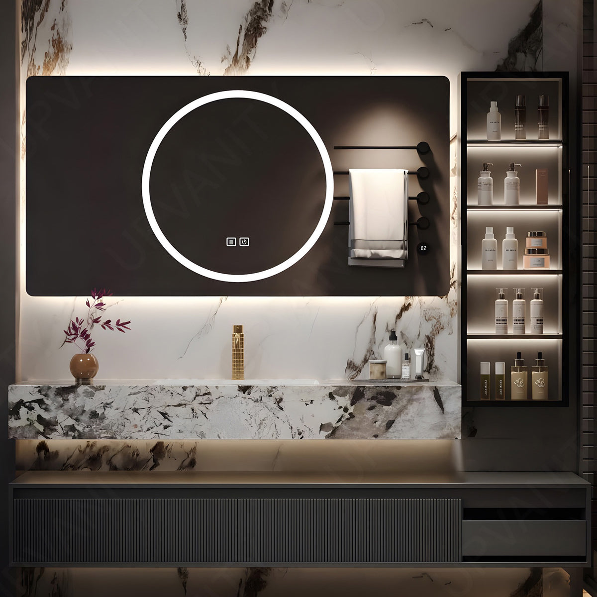 Modern Bath Vanity Set, Gray, Split Marble Textured Top, 76"-100", Single, Floating, Striped Panel, Smart LED Mirror, Line Cabinet