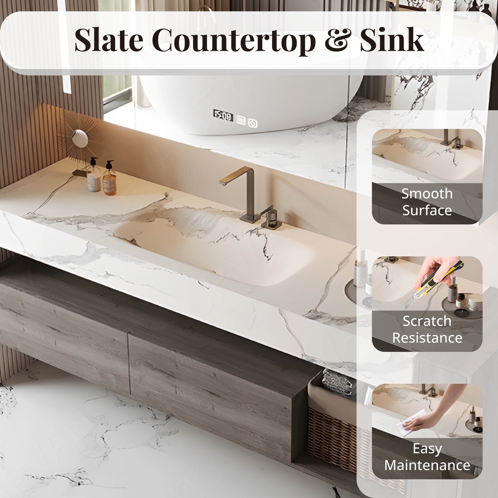 Modern Bath Vanity Set, Gray, Split White Marble Textured Top, Open Storage, 44"-64",Single, Floating, Smart LED Mirror, Rear Cabinet