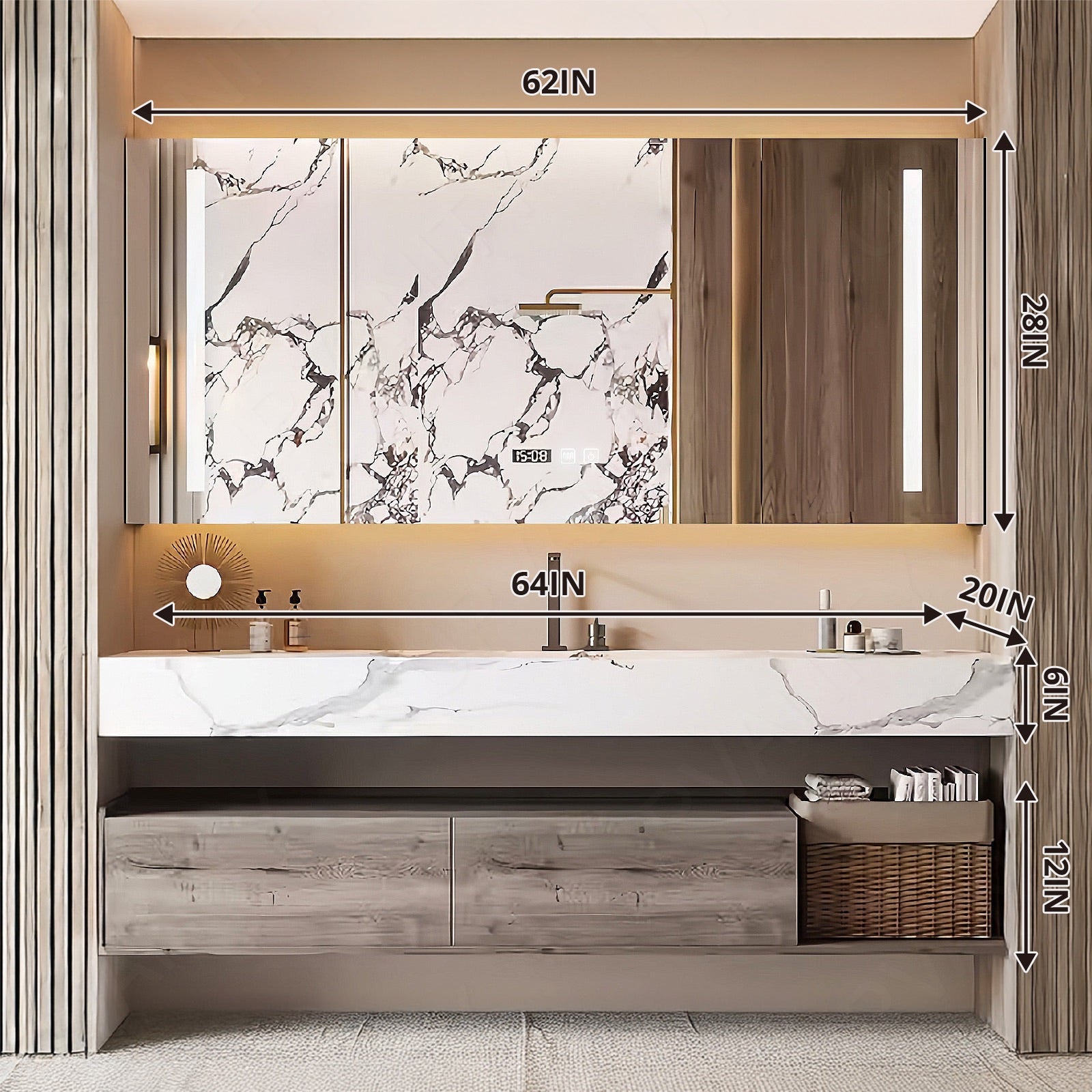 Modern Bath Vanity Set, Gray, Split White Marble Textured Top, Open Storage, 44"-64",Single, Floating, Smart LED Mirror, Rear Cabinet