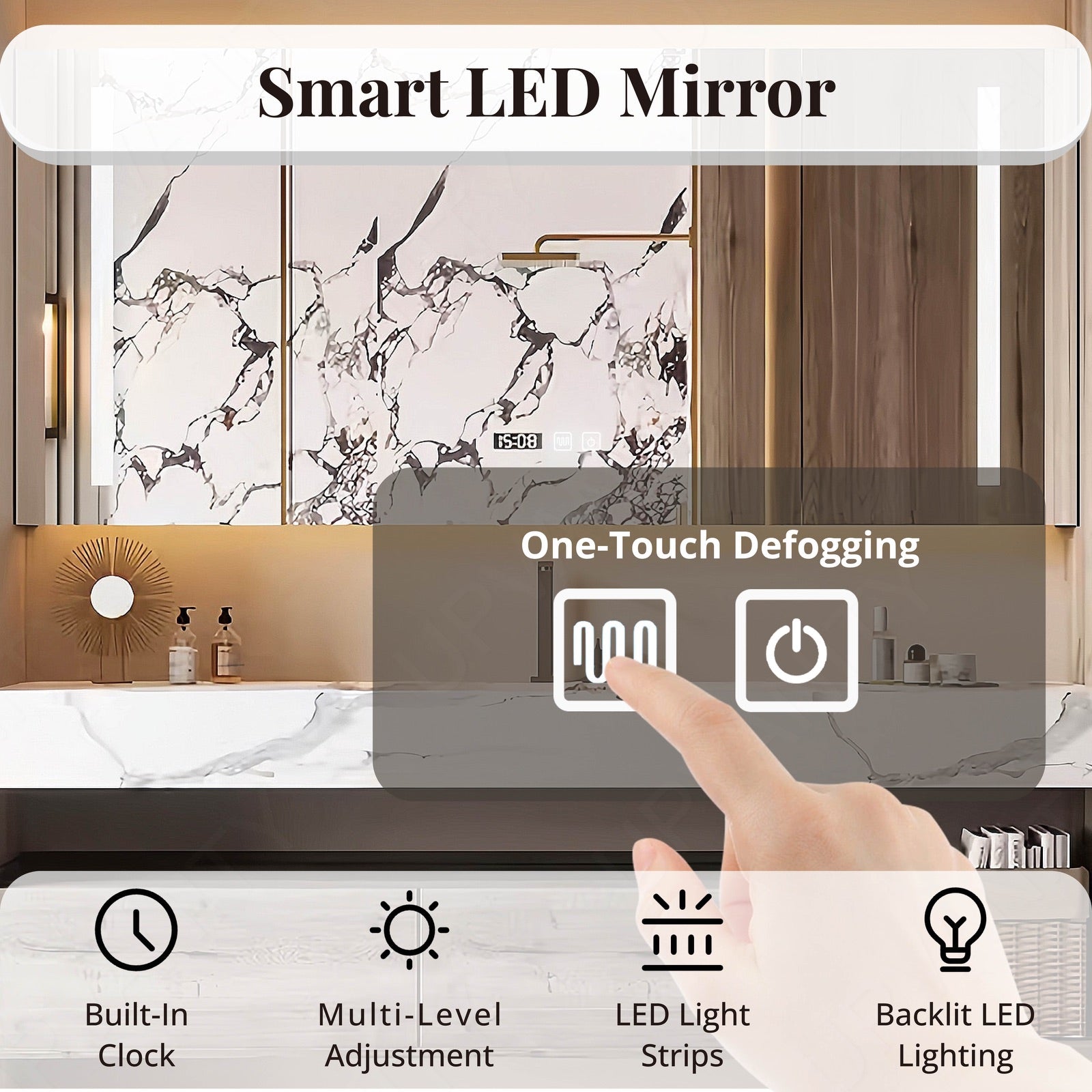 Modern Bath Vanity Set, Gray, Split White Marble Textured Top, Open Storage, 44"-64",Single, Floating, Smart LED Mirror, Rear Cabinet