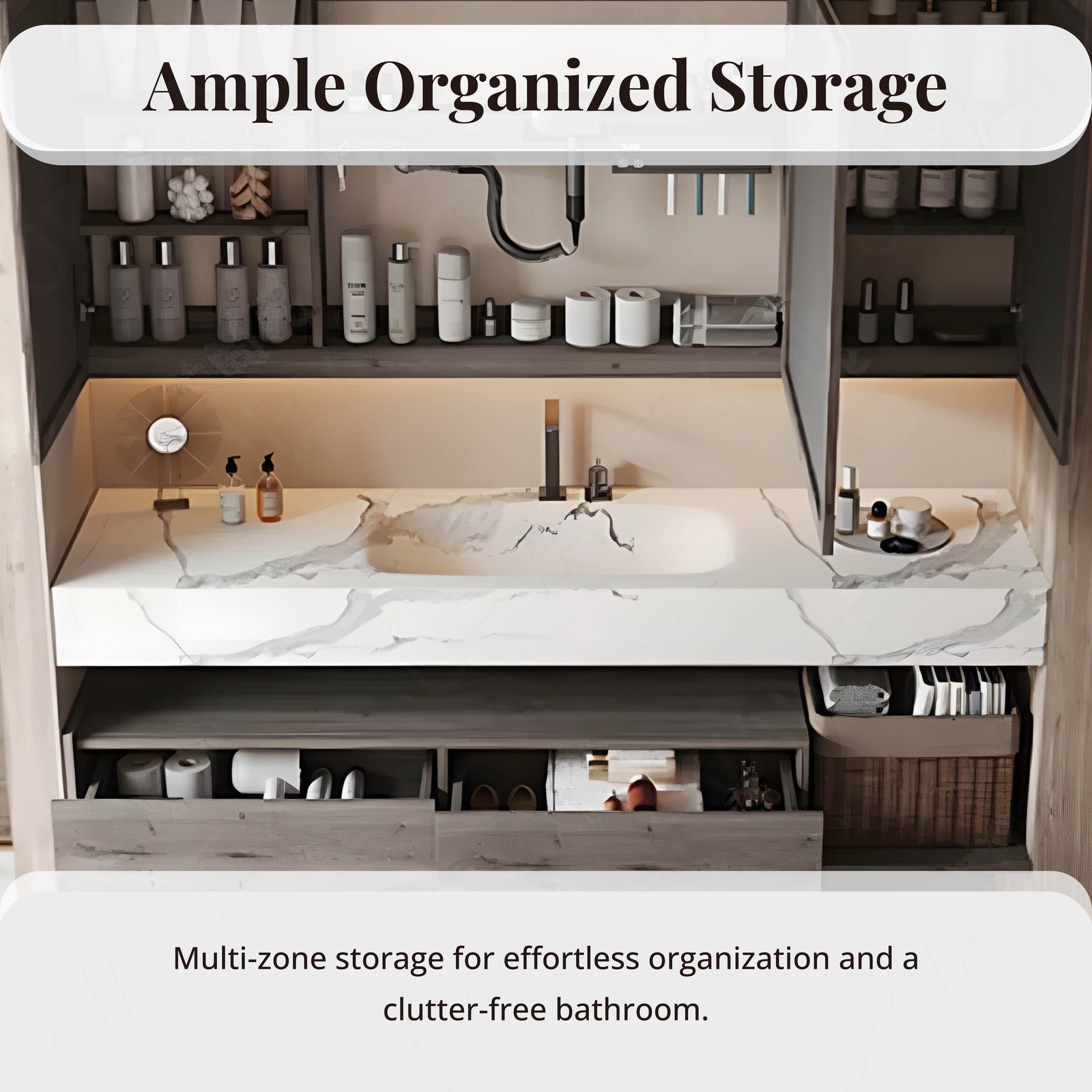 Modern Bath Vanity Set, Gray, Split White Marble Textured Top, Open Storage, 44"-64",Single, Floating, Smart LED Mirror, Rear Cabinet