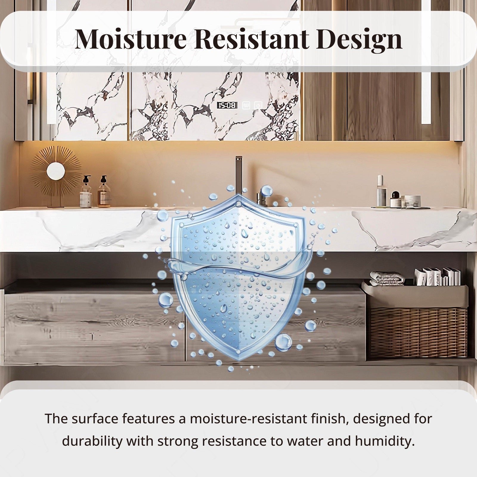 Modern Bath Vanity Set, Gray, Split White Marble Textured Top, Open Storage, 44"-64",Single, Floating, Smart LED Mirror, Rear Cabinet