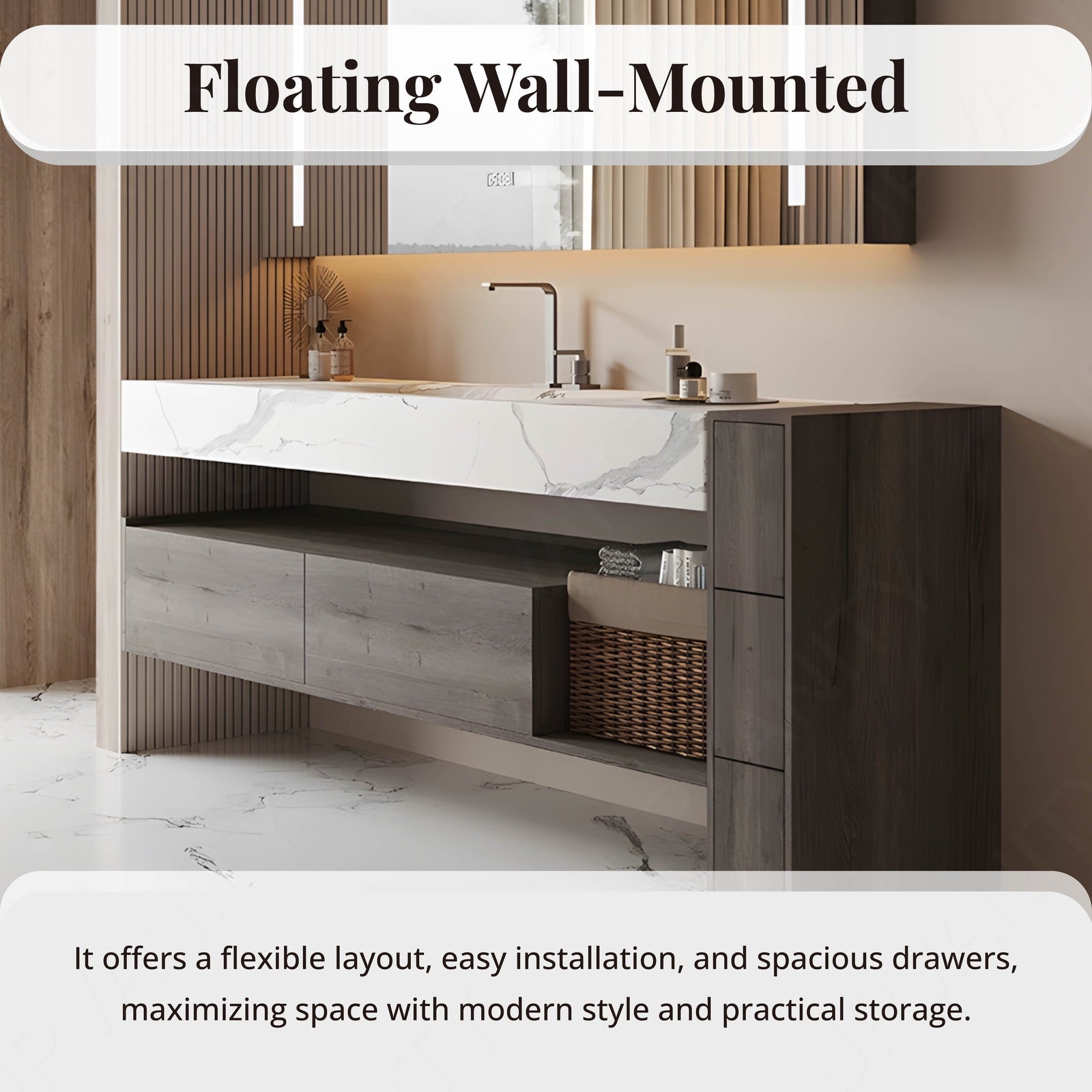 Modern Bath Vanity Set, Gray, Split White Marble Textured Top, Open Storage, 44"-64",Single, Floating, Smart LED Mirror, Rear Cabinet