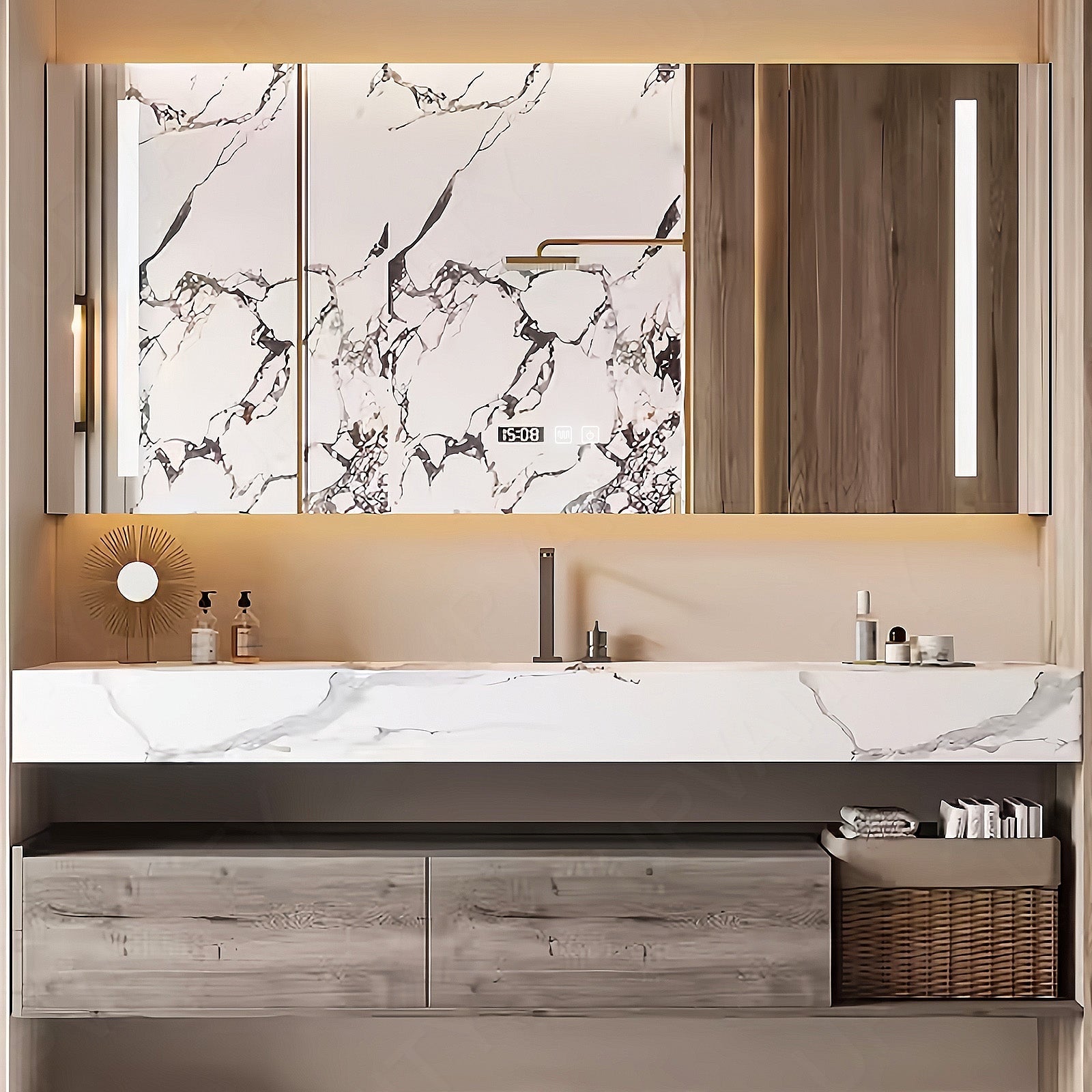 Modern Bath Vanity Set, Gray, Split White Marble Textured Top, Open Storage, 44"-64",Single, Floating, Smart LED Mirror, Rear Cabinet