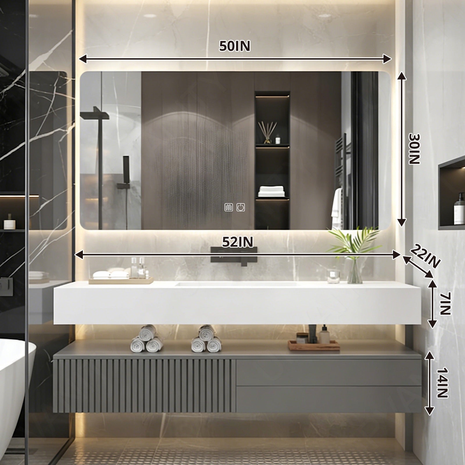 Modern Bath Vanity Set, Gray, Split White Top, 32"- 72", Single, Floating, Striped Panel, Smart LED Mirror