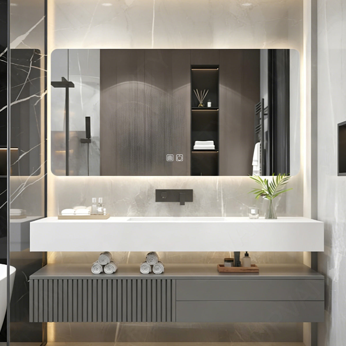 Modern Bath Vanity Set, Gray, Split White Top, 32"- 72", Single, Floating, Striped Panel, Smart LED Mirror