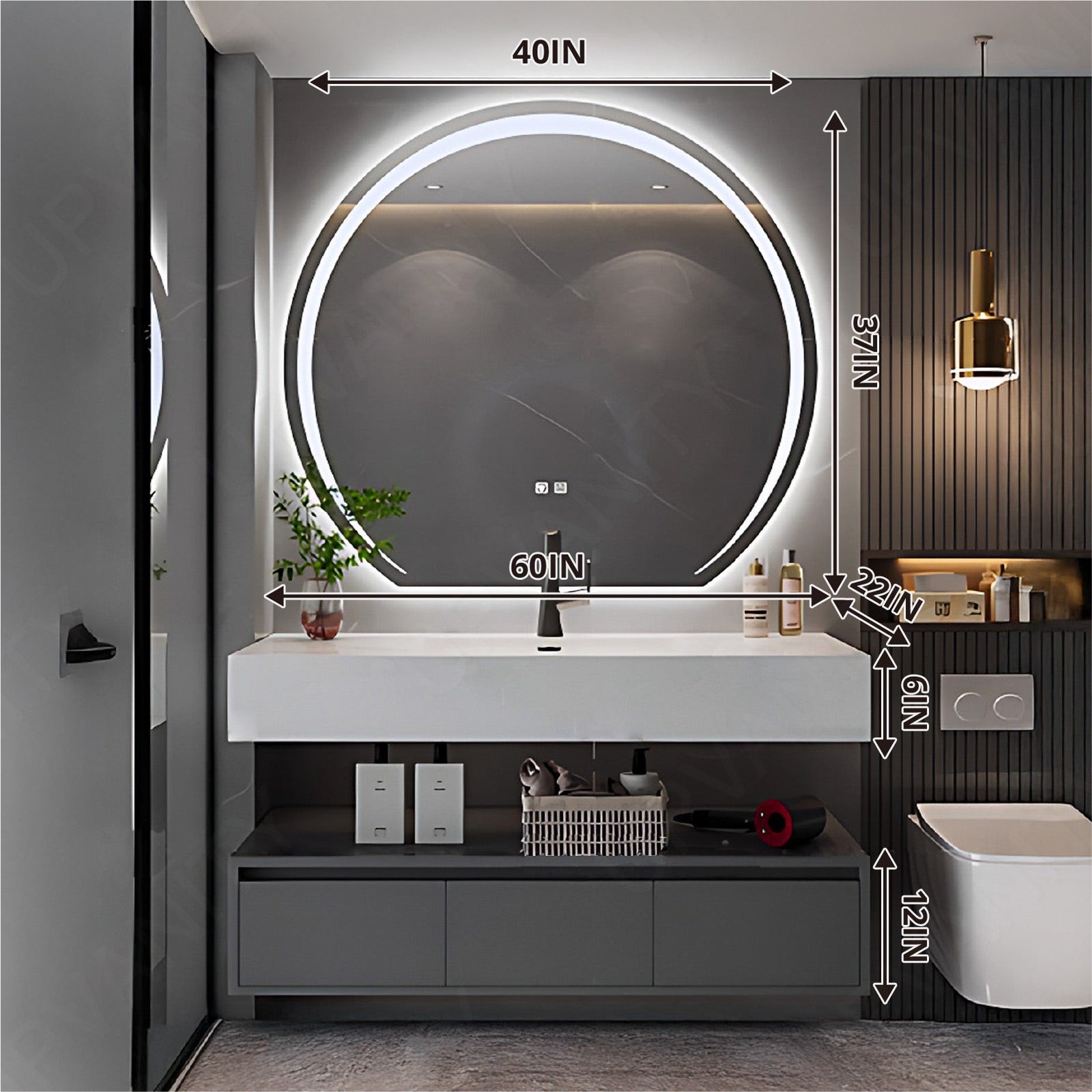 Modern Bath Vanity Set, Gray, Split White Top, 36"- 64", Single, Floating, Minimalist, Round Smart LED Mirror