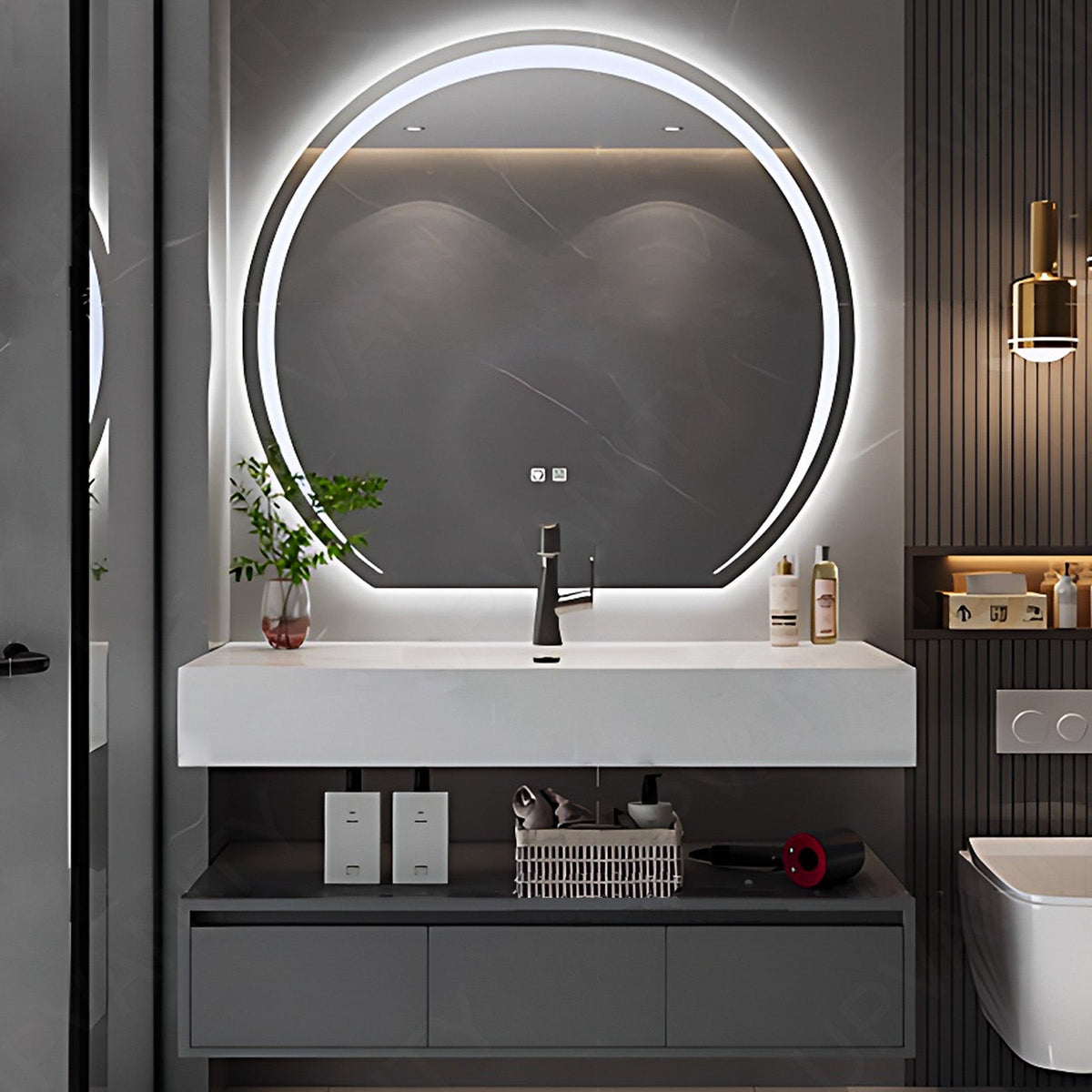 Modern Bath Vanity Set, Gray, Split White Top, 36"- 64", Single, Floating, Minimalist, Round Smart LED Mirror