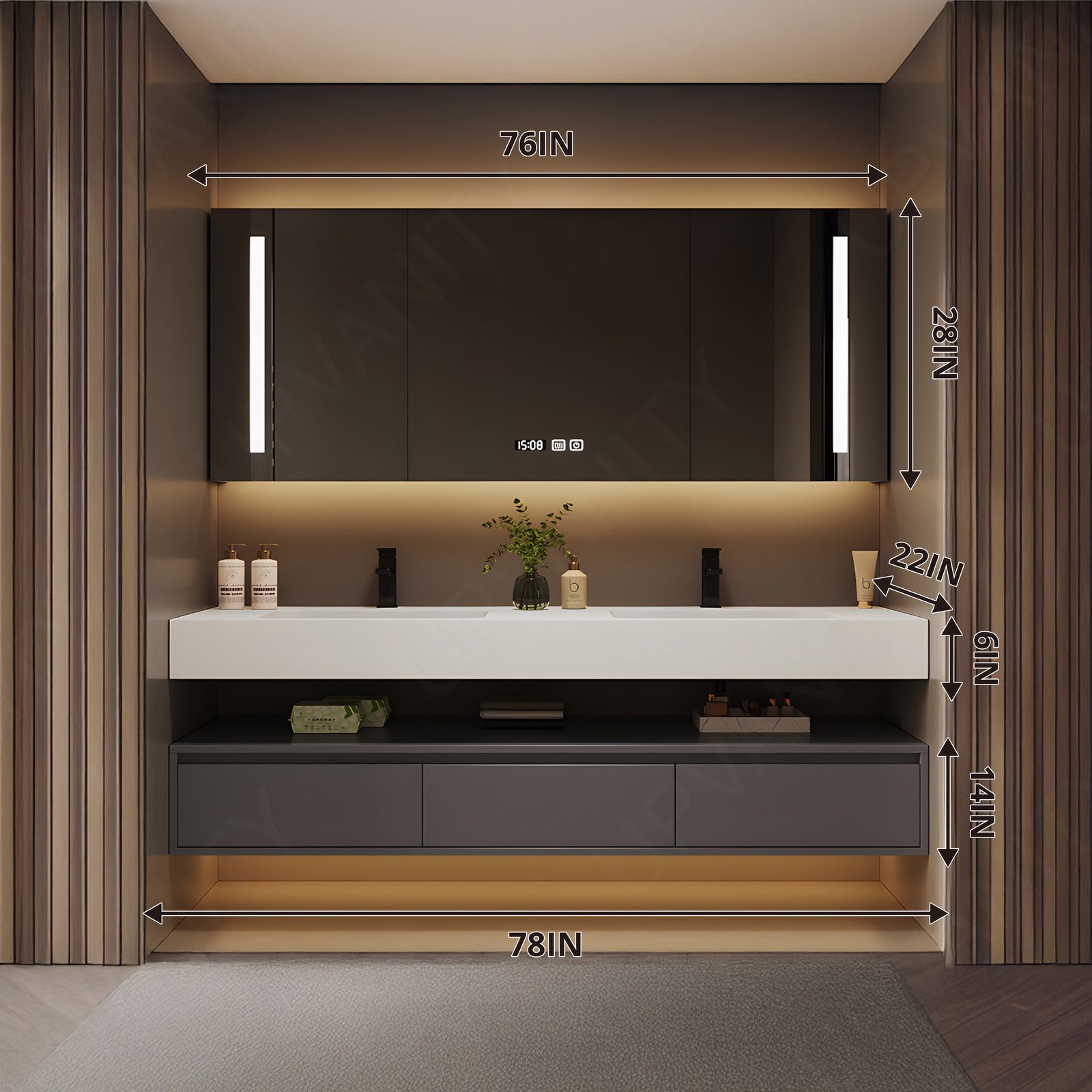 Modern Bath Vanity Set, Gray, Split White Top, 52"-78", Double, Floating, Minimalist, Smart LED Mirror, Rear Cabinet
