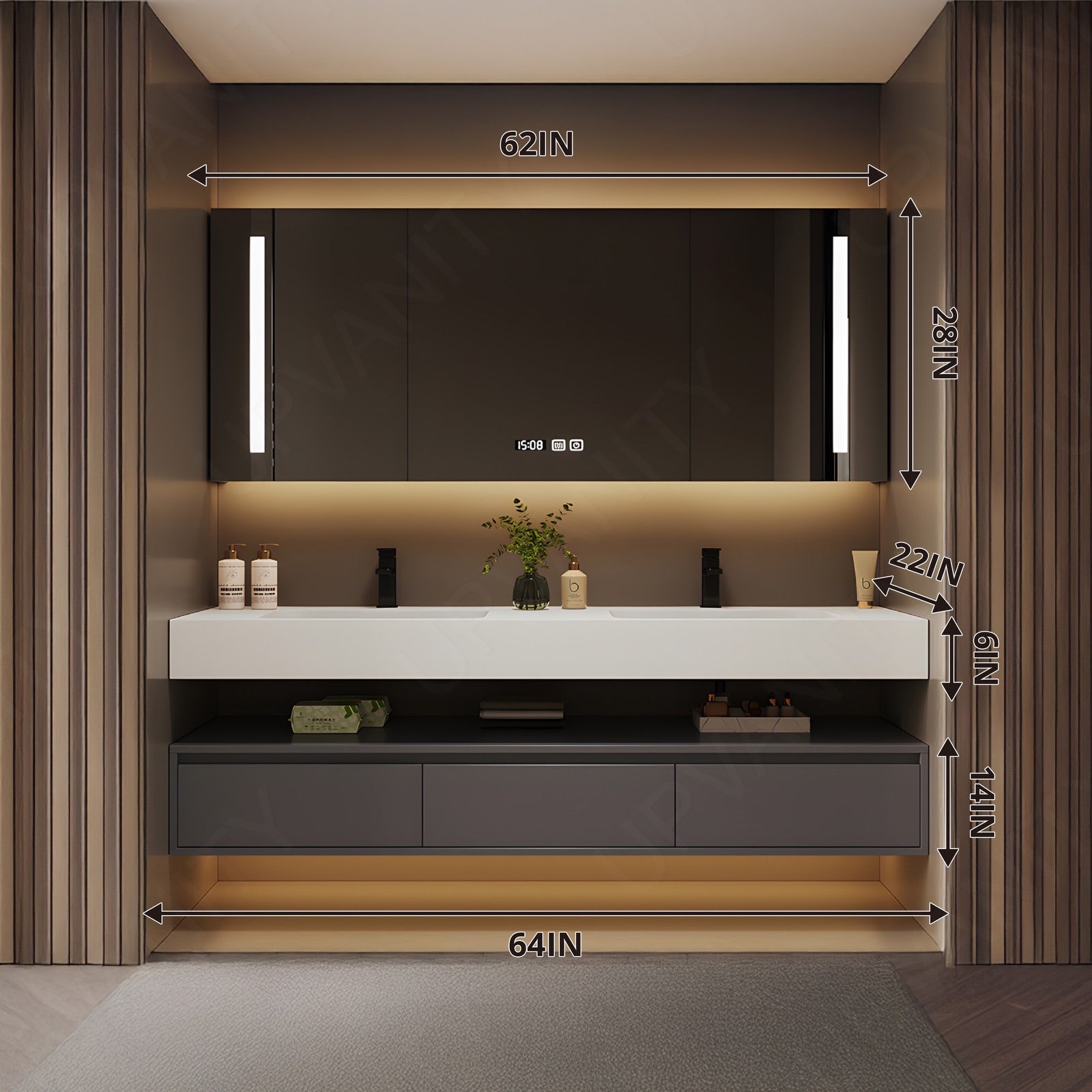 Modern Bath Vanity Set, Gray, Split White Top, 52"-78", Double, Floating, Minimalist, Smart LED Mirror, Rear Cabinet