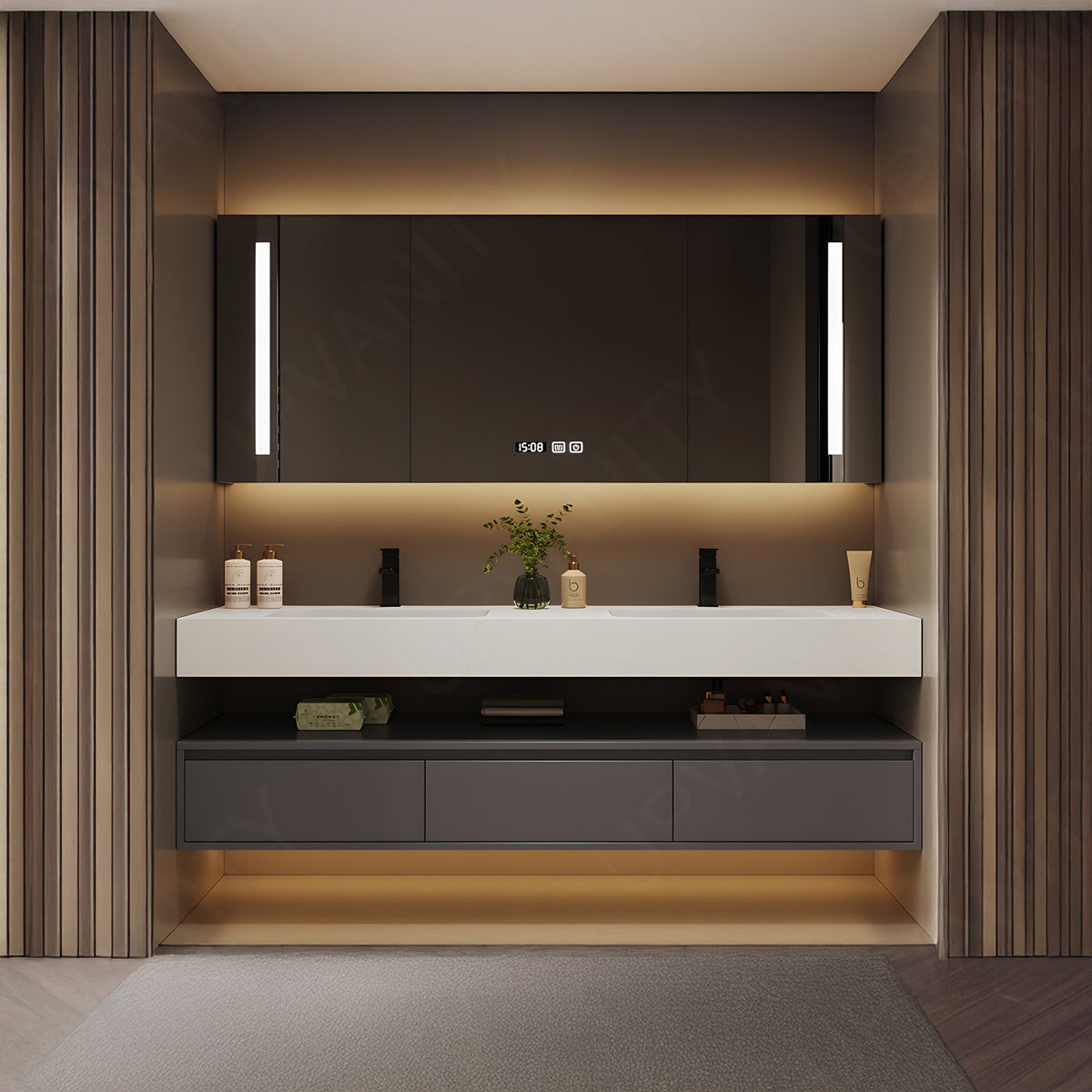 Modern Bath Vanity Set, Gray, Split White Top, 52"-78", Double, Floating, Minimalist, Smart LED Mirror, Rear Cabinet
